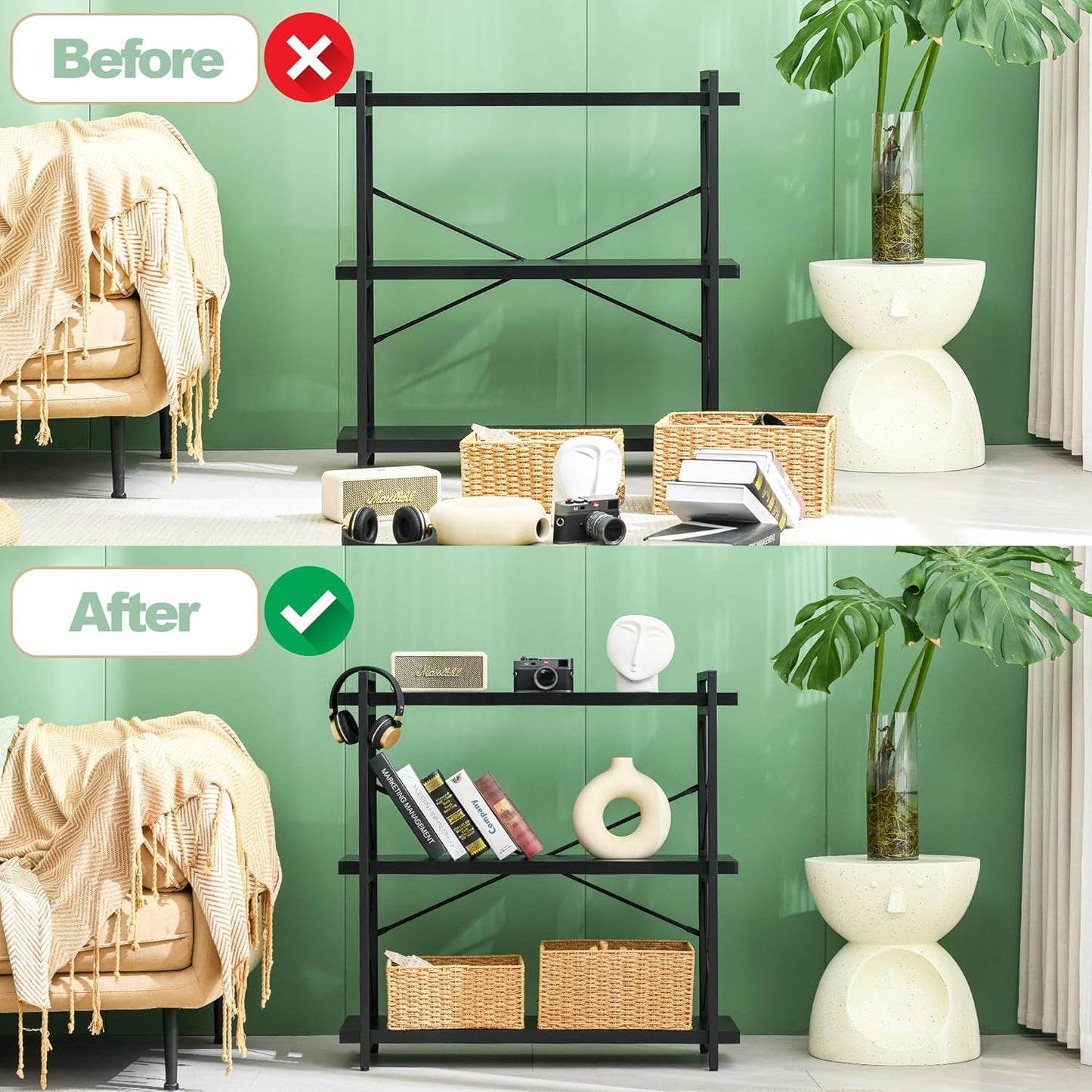 HCHQHS Bookshelf, 3-Tier Industrial Bookcase, Black Open Book Shelf, Freestanding Horizontal Bookshelves with Metal Frame