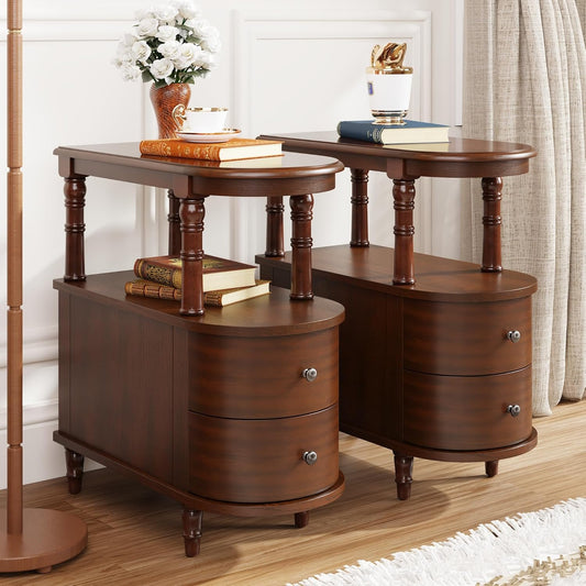2 Set of Wood End Table with 2 Drawers and Storage Shelf, Narrow Sofa Side Table for Living Room, Vintage Slim Nightstand Bedside Table for Bedroom, Slim Chair Side Table Cherry Walnut A508CY