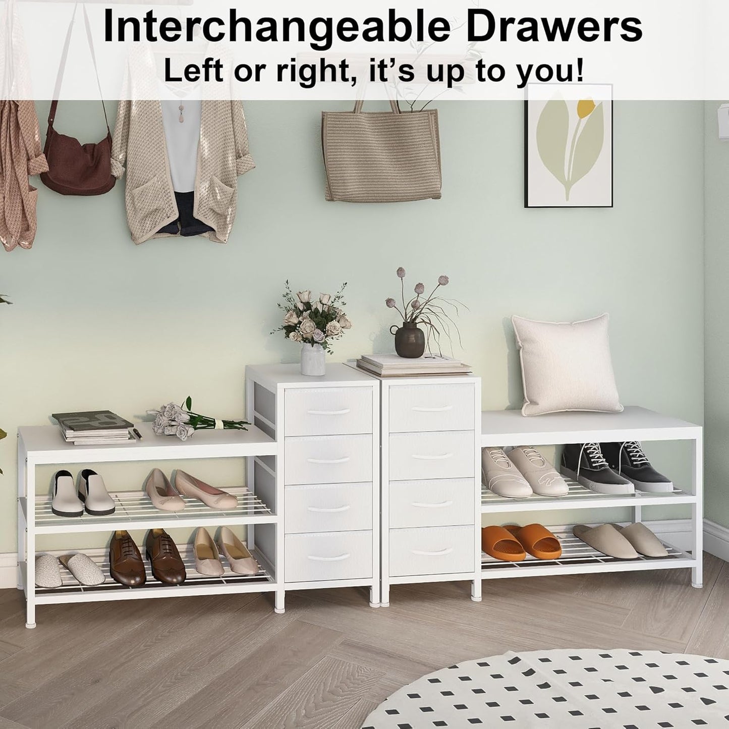 EXOTICA 3-Tier Shoe Storage Bench White Entryway Shoe Rack with 4 Drawers and Seating Shoe Shelf Storage Cabinet for Hallway Front Door Doorway Living Room Mudroom Steel Frame