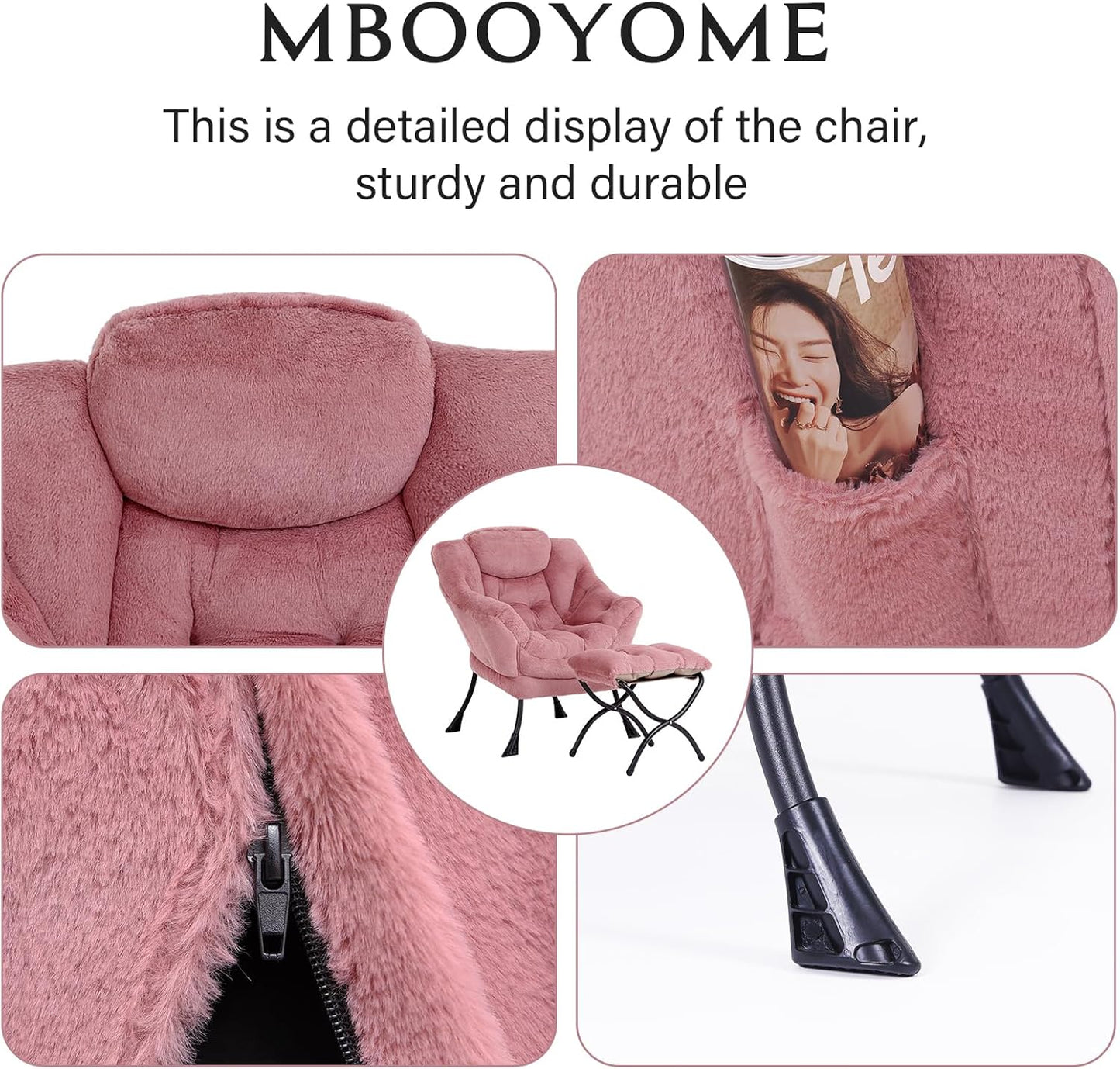 Lazy Chair with Folding Ottoman, Modern Accent Lounge Armchair with Armrests and a Side Pocket & Foldable Footstool, Leisure Reading Chair for Living Room, Bedroom & Dorm, Plush Dark Pink