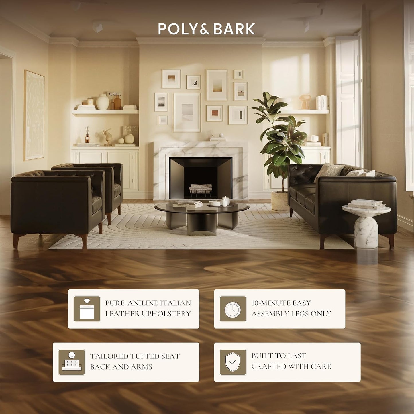 Poly & Bark Essex Leather Couch - 89-Inch Sofa with Tufted Back - Full-Grain Leather Sofa for Living Room with Feather-Down Topper - Living Room Couch - Vintage Italian Leather in Onyx Black