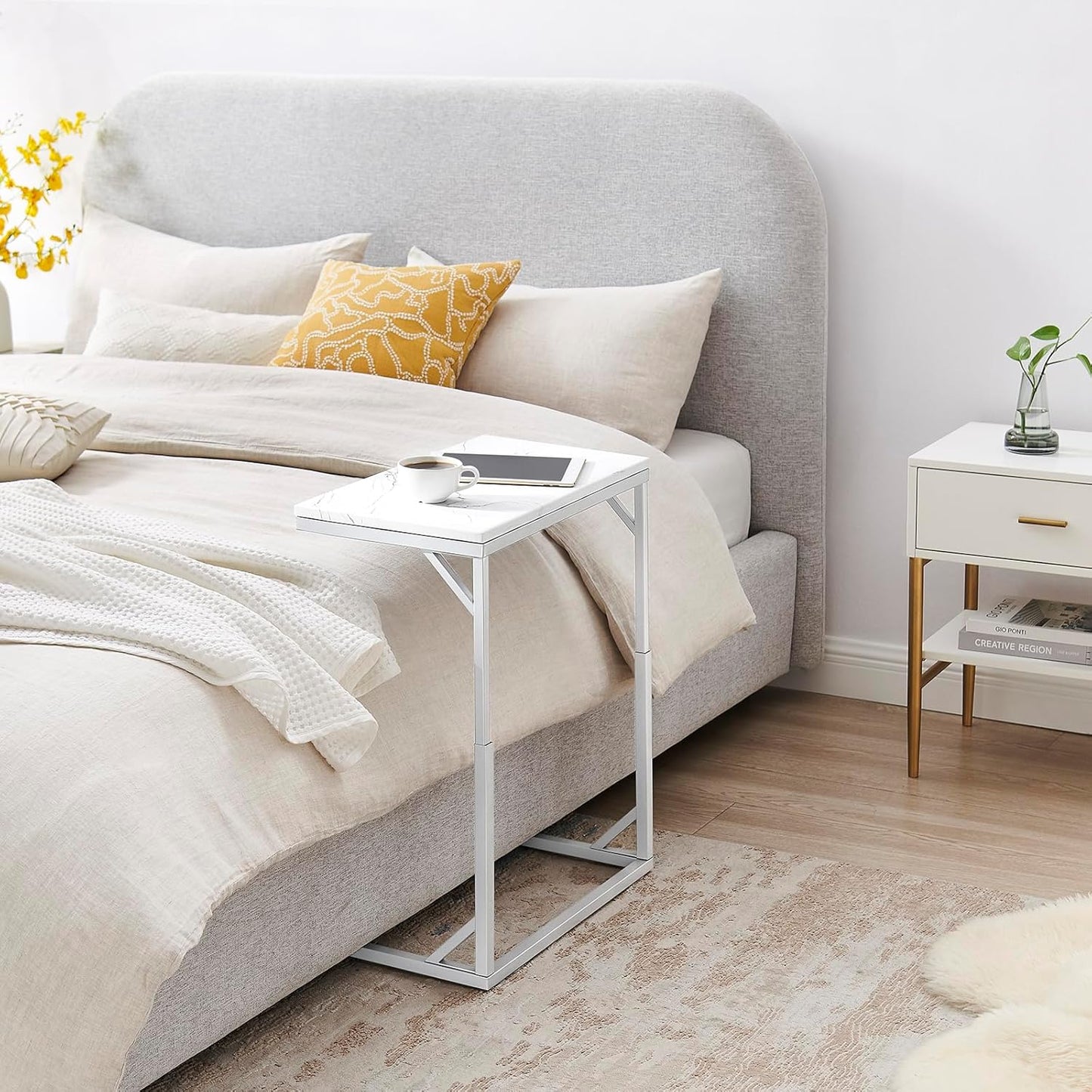 C-Shaped End Table, Small Sofa Table with Metal Frame, Adjustable Height Side Table for Couch, Living Room, Bedroom, Bedside (Silver, Medium)