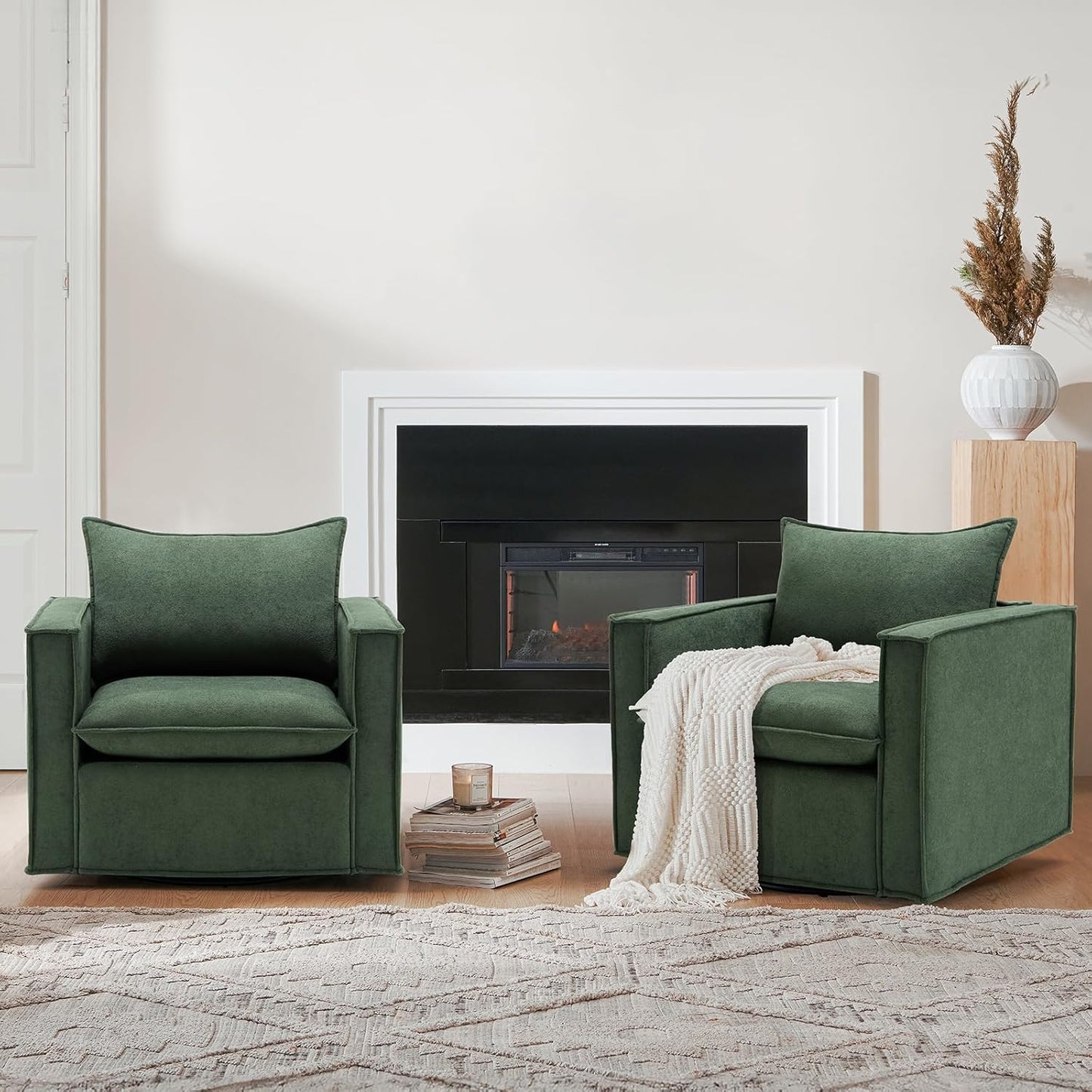 Swivel Accent Chair, 34 Inches Wide Upholstered Arm Chair with Plump Back Pillow, Modern Sofa Living Room Chair for Bedroom, Corner, Reading Nook-Green