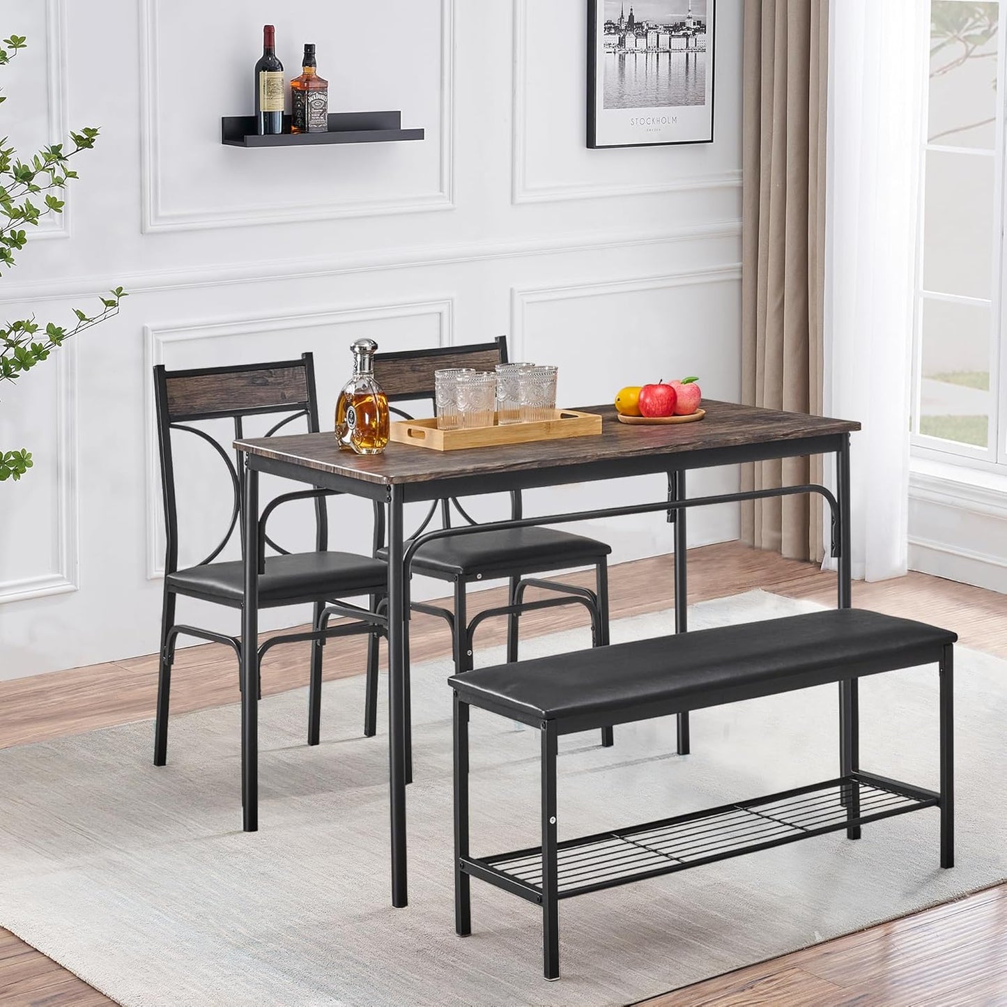 VECELO Kitchen Dining Table Set with Upholstered Bench & 2 Chairs | Space-Saving Compact Design | Perfect for Small Apartments, Breakfast Nooks