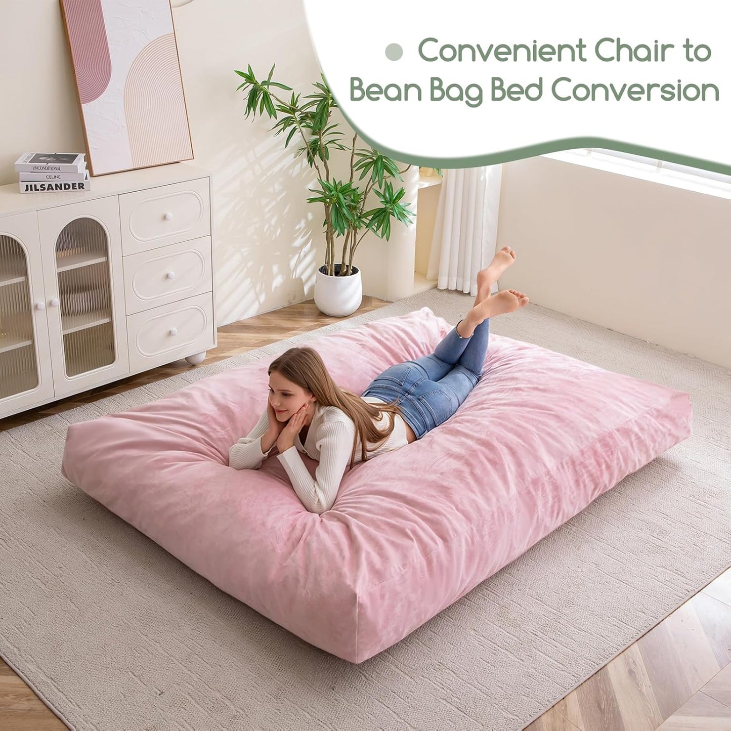 HIGOGOGO Giant Bean Bag Chair Bed for Adults,Convertible Beanbag Folds from Lazy Chair to Floor Mattress Bed,Large Floor Sofa Couch with High-Density Foam Filling, Machine Washable