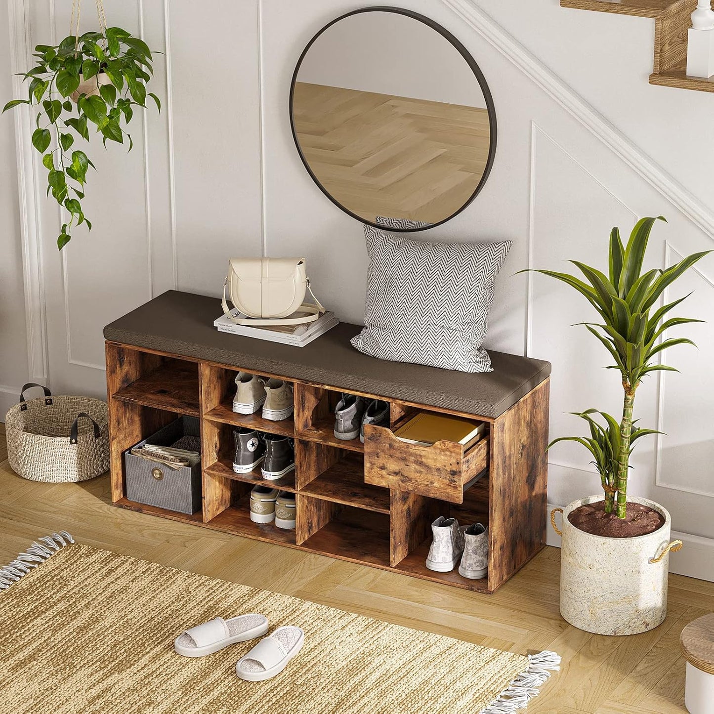 DINZI LVJ Shoe Bench, Entryway Storage Bench with Drawer and 11 Cubbies, Cubby Shoe Rack with Adjustable Shelves, Shoe Organizer Cabinet for Living Room, Mudroom, Closet and Garage, Rustic Brown