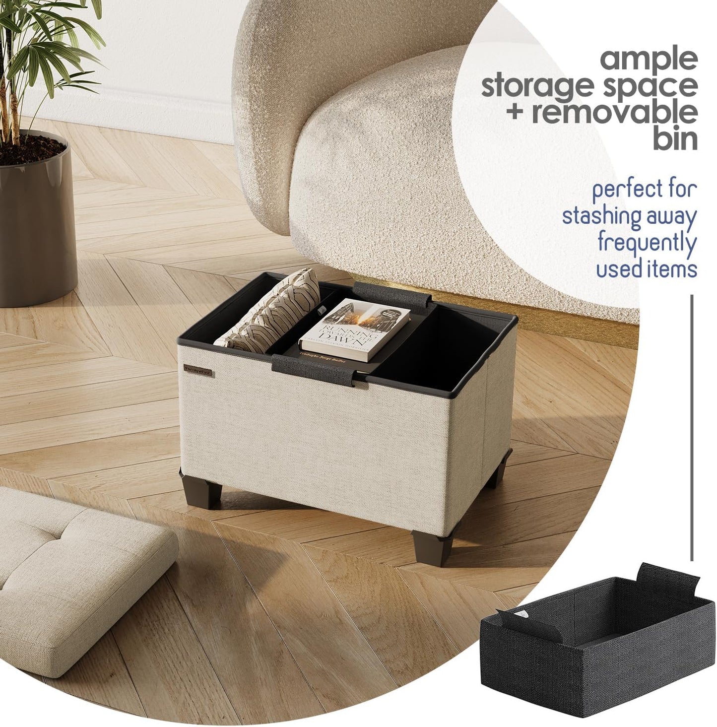 STORAGEBUD Storage Ottoman Cube with Small Bin, 16-in Square Ottoman with Storage for Living Room and Bedroom, Small Ottomans Foot Rest, Fabric Foot Stools Ottomans Max 330lbs, Beige
