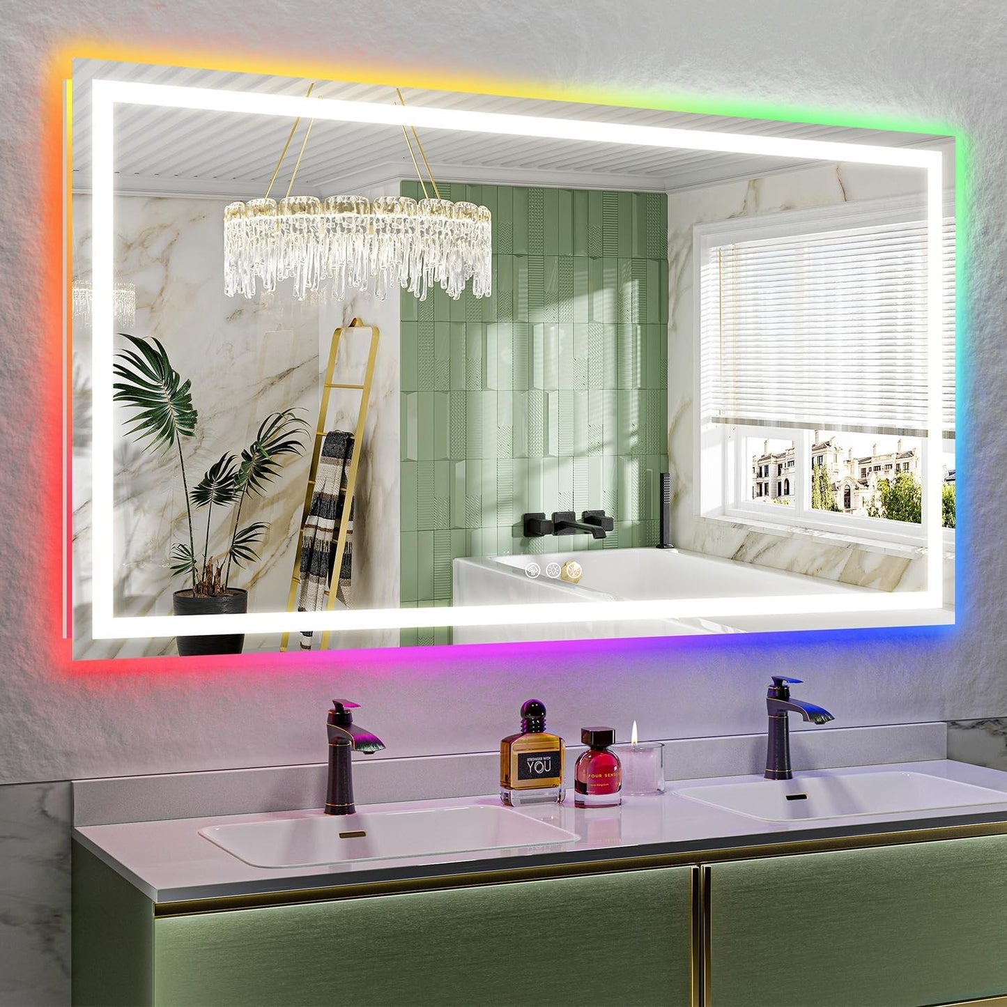 65x36 Inch RGB LED Bathroom Mirror Front Light and RGB Backlit Lighted Vanity Mirror for Bathroom Wall Mounted Dimmable Anti Fog Memory Shatter-Proof IP54 Waterproof Horizontal/Vertical