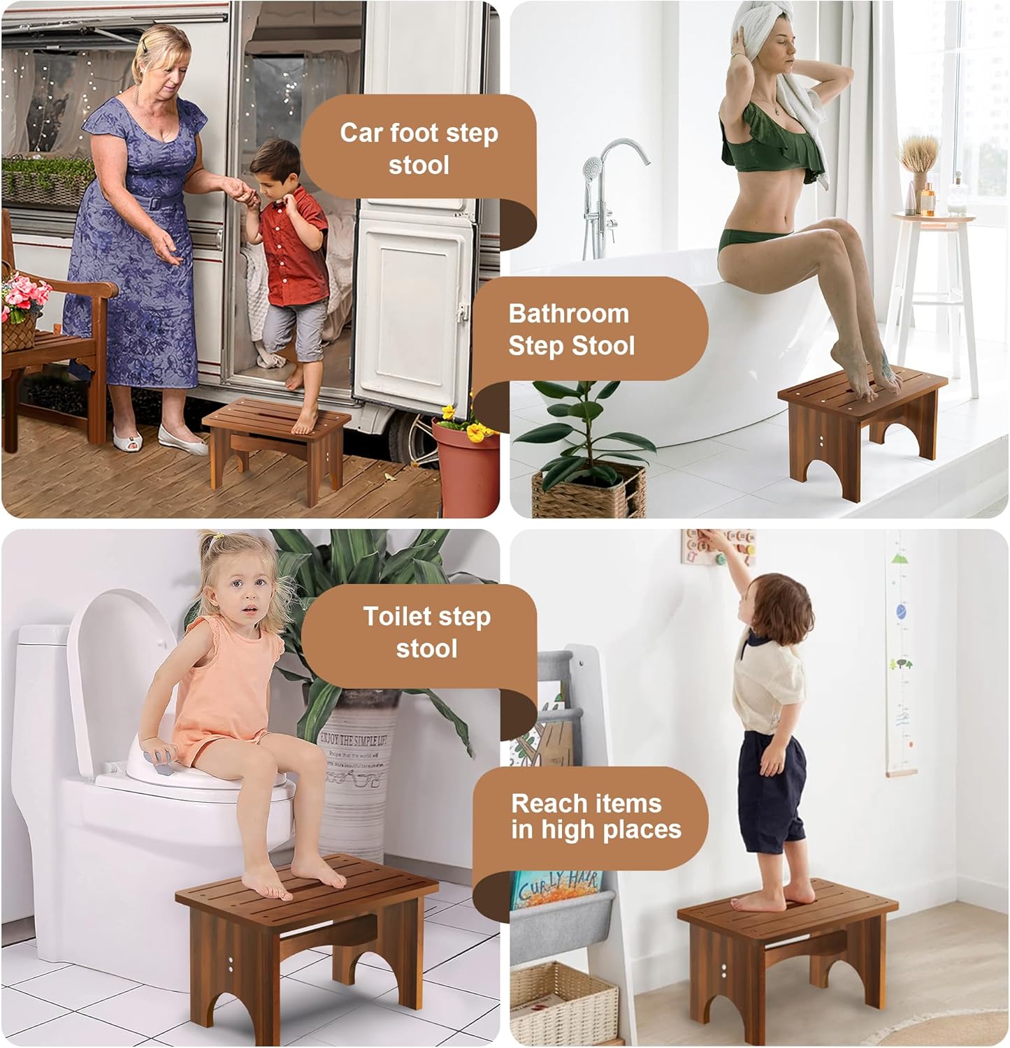 Wooden Step Stool for Adults, 9" Portable Wood Step Stool for Kids, Heavy Duty One Step Bedside Stool with 550 Lbs Load Capacity, Non-Slip White Foot Stool for Kitchen Bathroom Bedroom