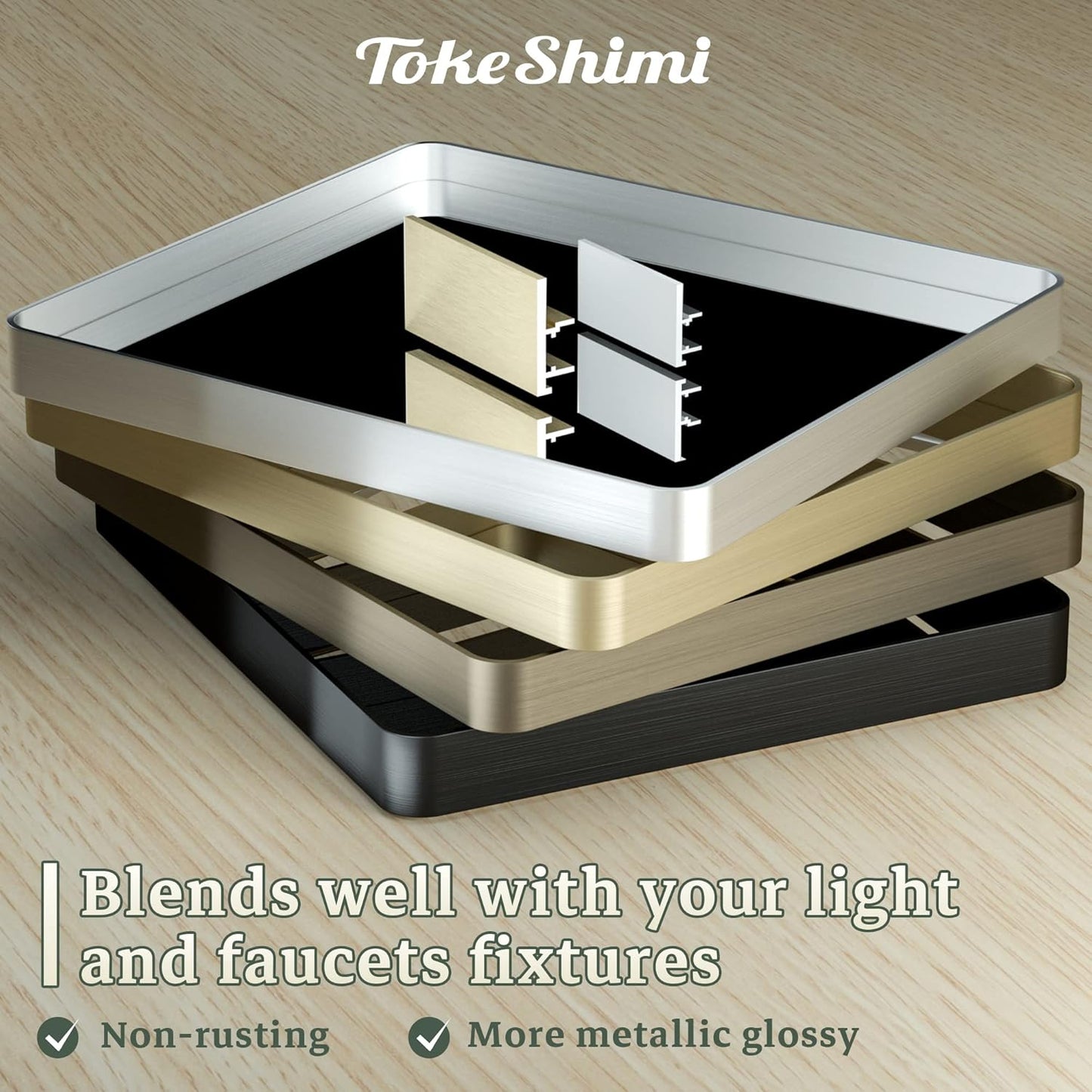 TokeShimi 24 x 32 Inch Brushed Silver Bathroom Mirror for Wall Brushed Brass Metal Rounded Corner Rectangle Mirror Metal Frame Deep Set Design Hangs Horizontal Or Vertical