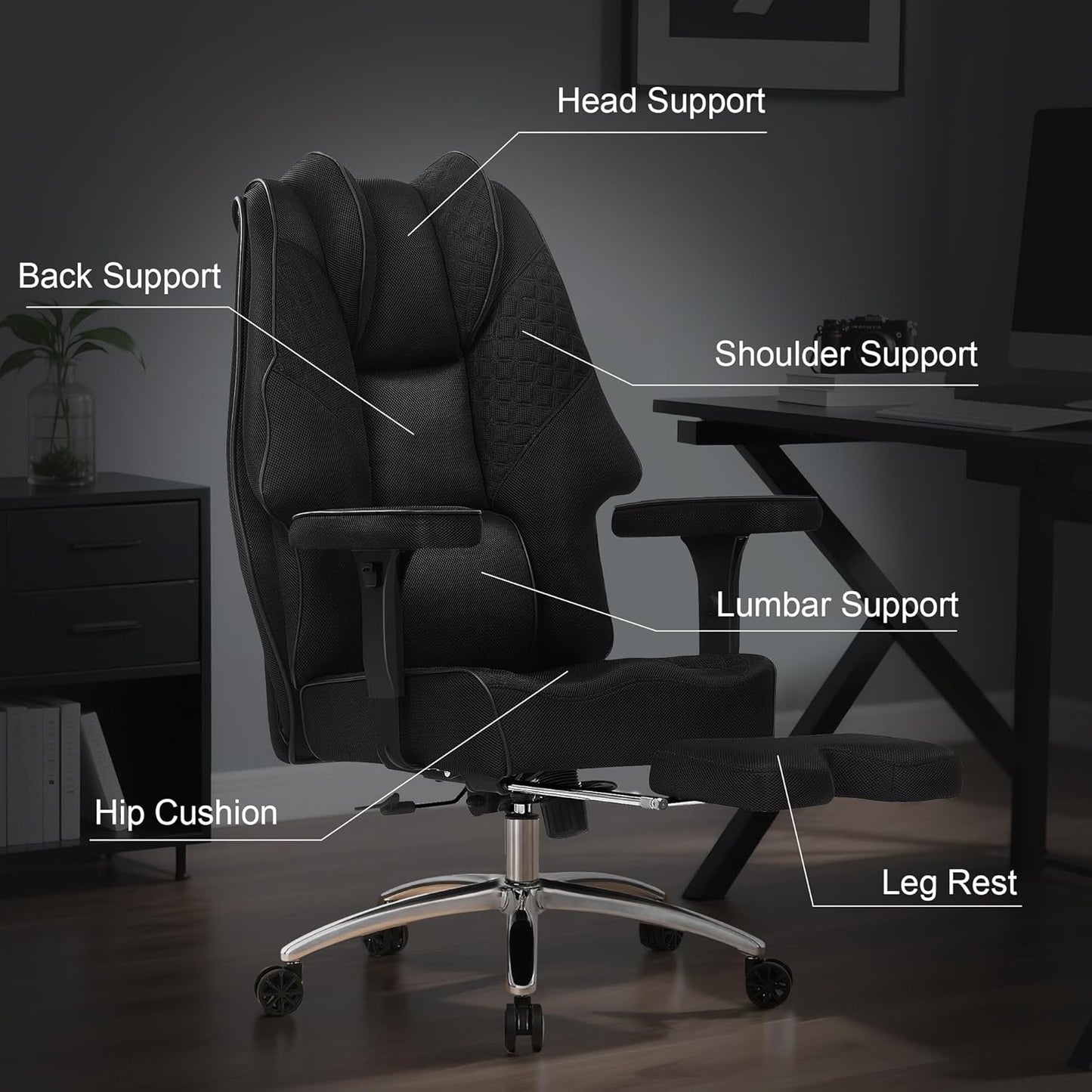 VECELO Big and Tall Office Chair 400lbs, Mesh High Back Computer Chair with Foot Rest, Ergonomic Desk Chair with Lumbar Support and Armrest, Black