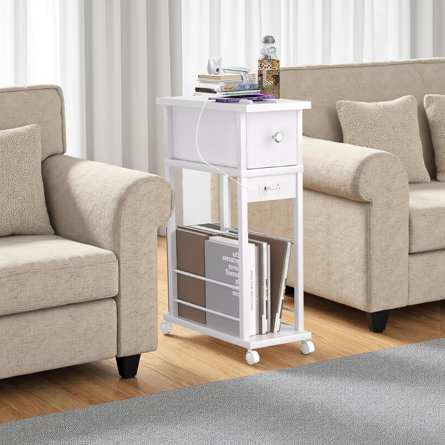 Side Table with Charging Station and Drawer, Narrow End Table with USB Ports and Outlets for Small Space, Living Room, Bedroom and Office, with 4 Wheels (1, White)