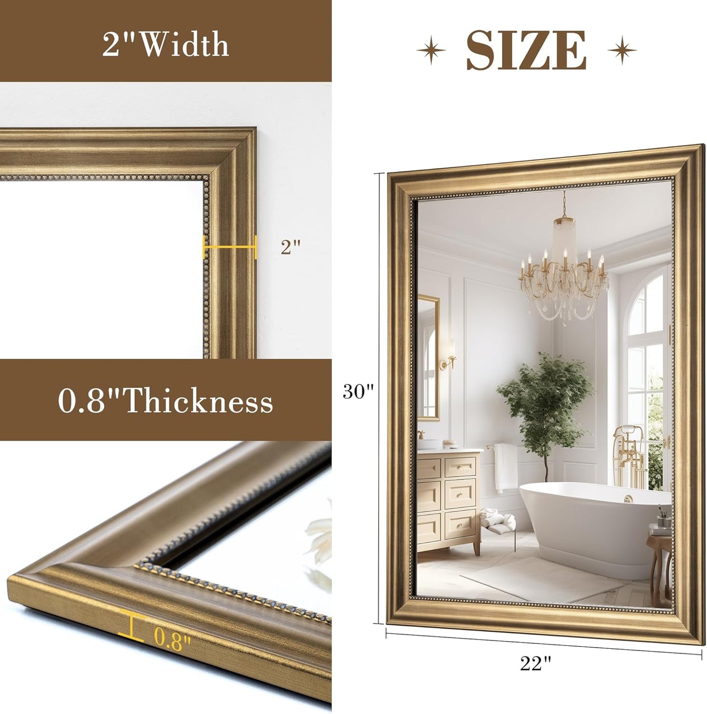 Axeman 22x30 Rectangular Wall Mirror, Decorative Bathroom Mirror, Traditional Vintage Wall Mounted Mirror with Beaded Frame for Accent Living Room Vanity Bedroom Entryway, Gold