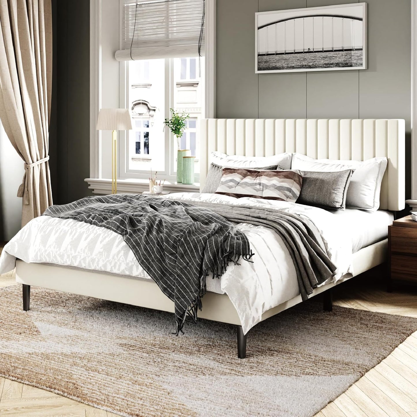 Queen Size Bed Frame with Velvet Upholstered Headboard, Platform Bed with Strong Wood Slats, Mattress Foundation, Box Spring Optional, Easy Assembly, Beige