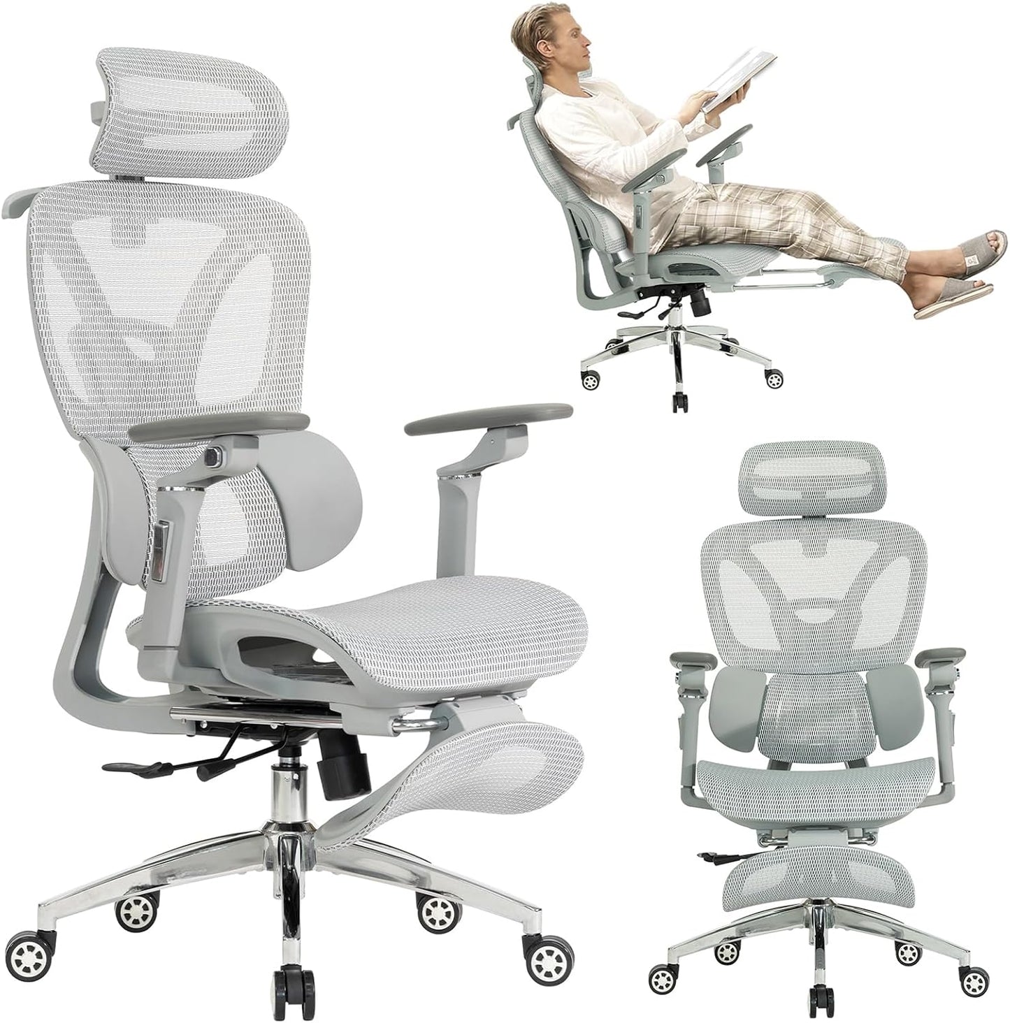 Ergonomic Mesh Office & Gaming Chair | 3D Lumbar Support, 6D Adjustable Armrests, Retractable Footrest | SGS Class 4 Certified | High Back Desk Chair for Home Office, Supports 400lbs