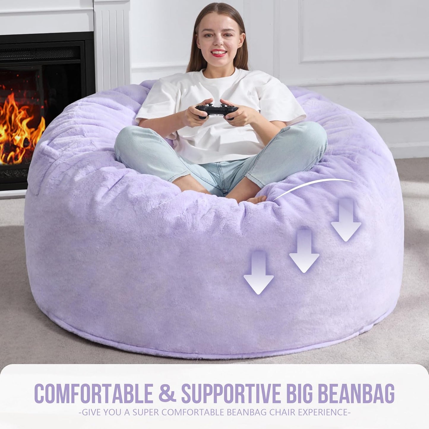 Hobestluk 5ft Bean Bag Chairs for Adults Large Beanbag Chair with Plush Faux Fur Cover Big Bean Bag Chair for Living Room Bedroom Dorm Office - Purple (50” x 50” x 24”)