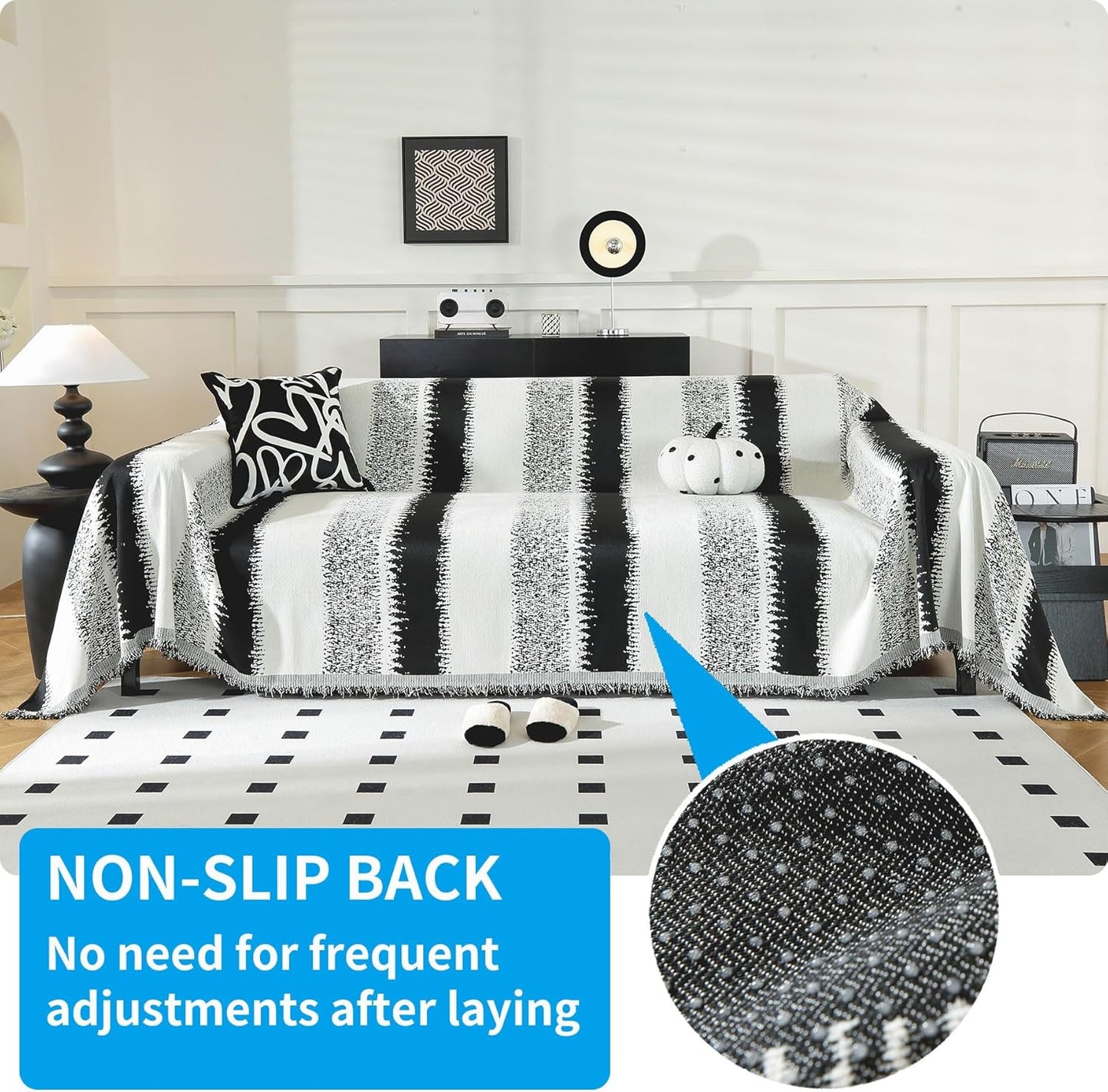 LUFEIJIASHI Boho Couch Covers for Sofa Non Slip Sofa Covers Washable Couch Covers for 3 Cushion Couch Sofa Pet Friendly Sectional Couch Cover Blanket Furniture Protector for Dogs (Black, 91"x118")