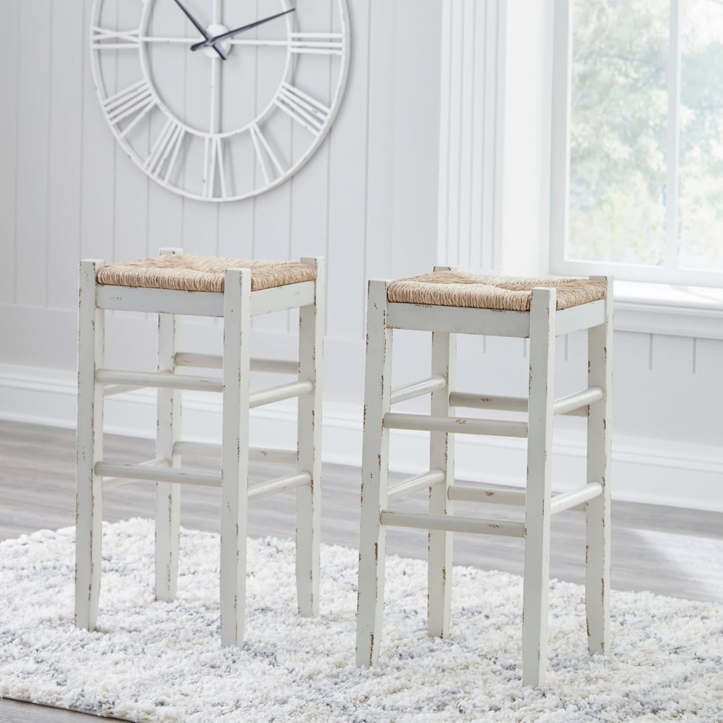 Signature Design by Ashley Mirimyn Farmhouse 29.5" Bar Height Bar Stool with Woven Wicker Seats, 2 Count, White & Light Brown