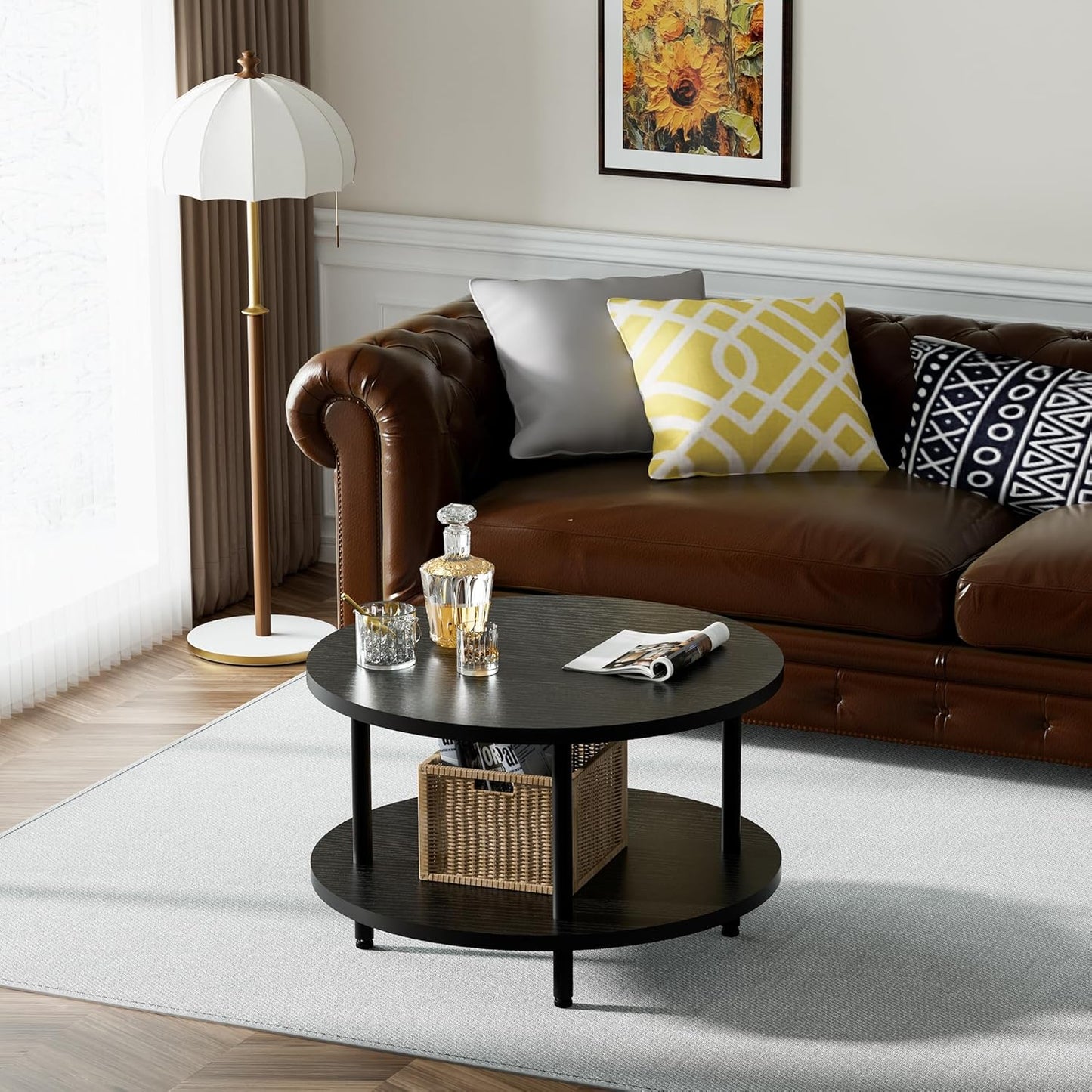 Round Coffee Table, 23.6" Circle Coffee Table for Living Room, 2-Tier Wood Accent Center Table with Open Storage Industrial Design Home Furniture, Black