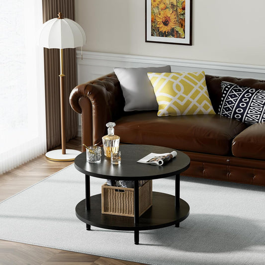 Round Coffee Table, 23.6" Circle Coffee Table for Living Room, 2-Tier Wood Accent Center Table with Open Storage Industrial Design Home Furniture, Black