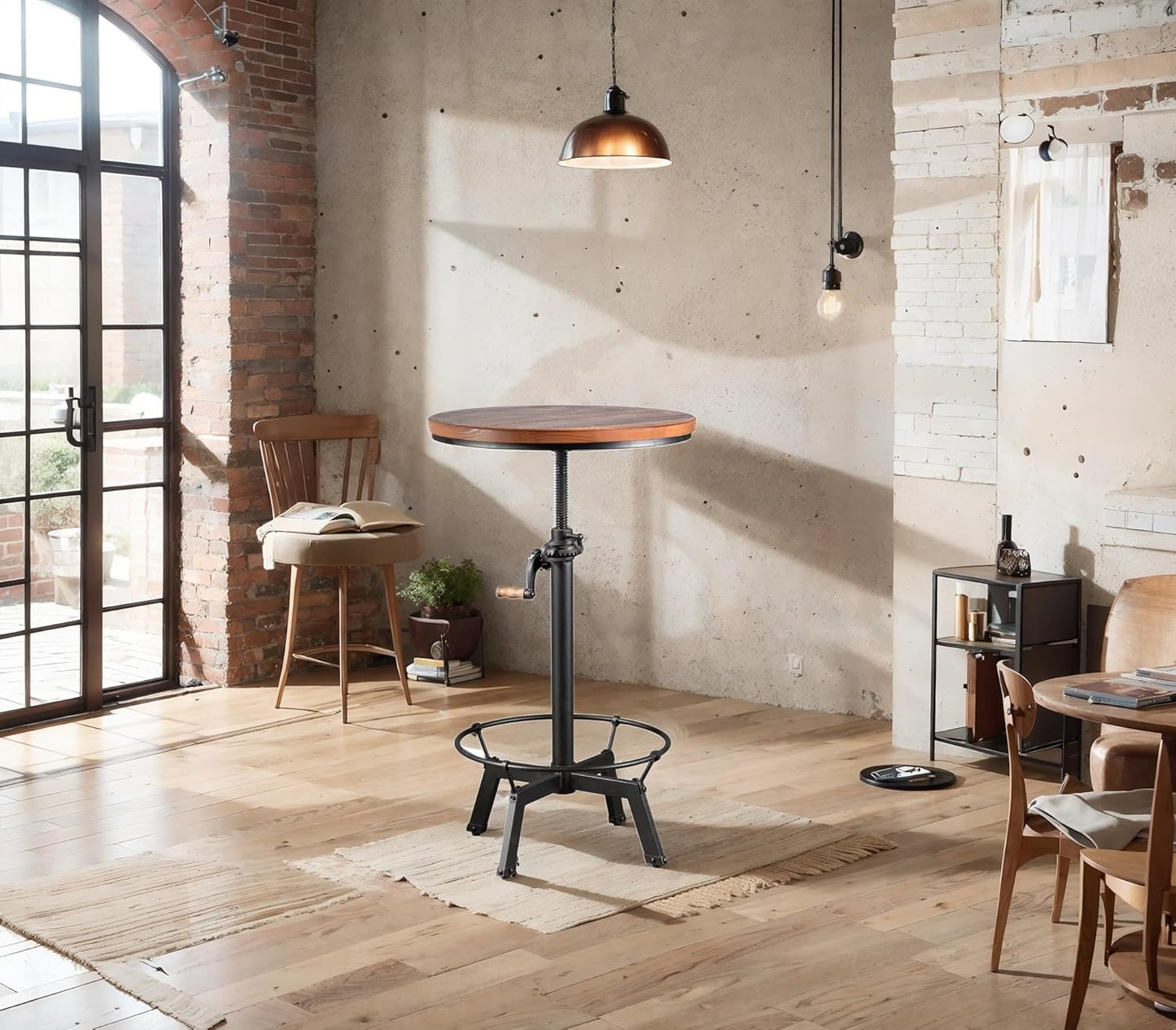 3-Piece Crank Handle Bar Table (33.5"-39.4") & 2 Backrests Stools (26"-32") Set for Pub Kitchen Dining Living Party Bistro Breakfast, Swivel Brown Top, Height Adjustable, Most Weld, Space-Saving