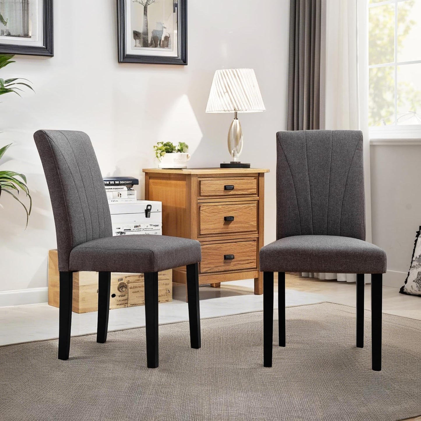 VECELO Upholstered Dining Chairs Set of 2, Modern Fabric and High Back & Solid Wood Legs, Parsons for Kitchen/Living Room- Dark Gray