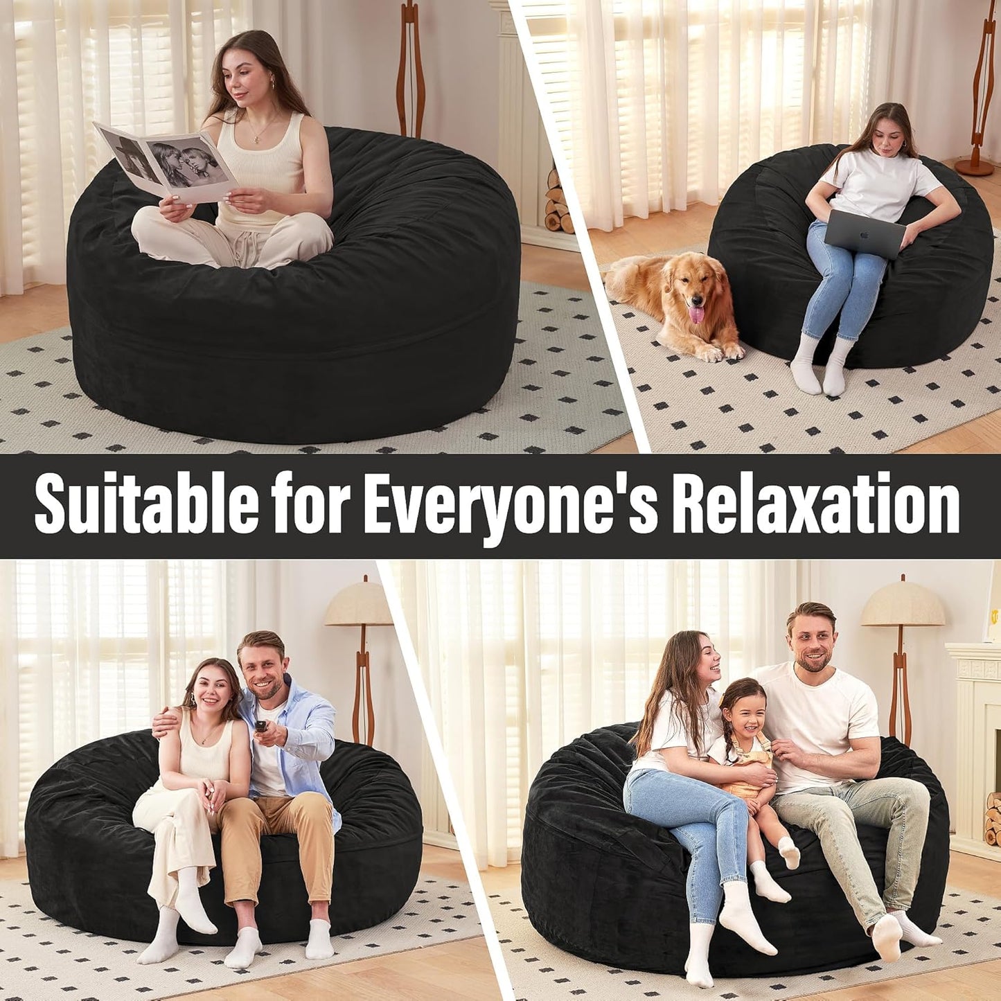 HABUTWAY Bean Bag Chair: Giant 6' Memory Foam Furniture Bean Bag Chair with Microfiber Cover - 6Ft,Black