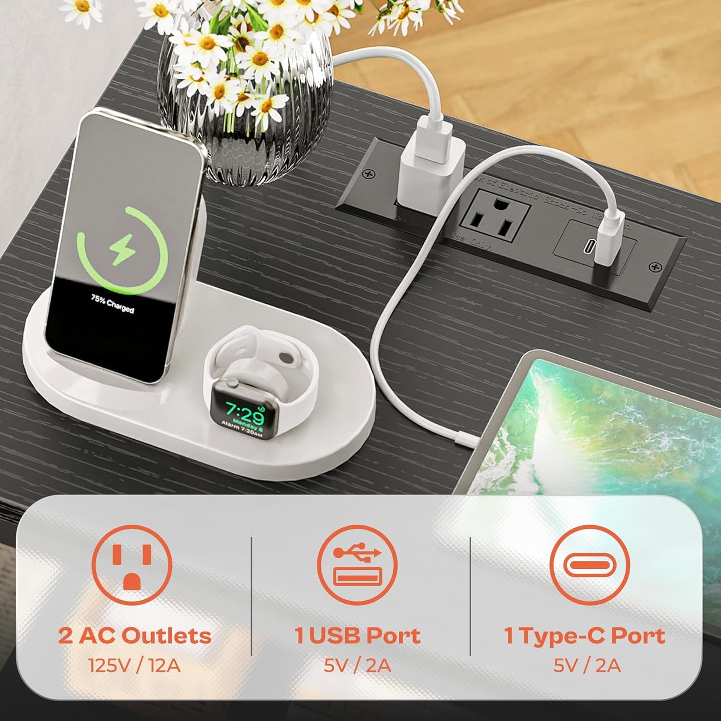 SUPERJARE Nightstand with Charging Station, Bed Side Table with Adjustable Fabric Drawer, Night Stand for Bedroom, 3-Tier Storage End Table, for Living Room, Black