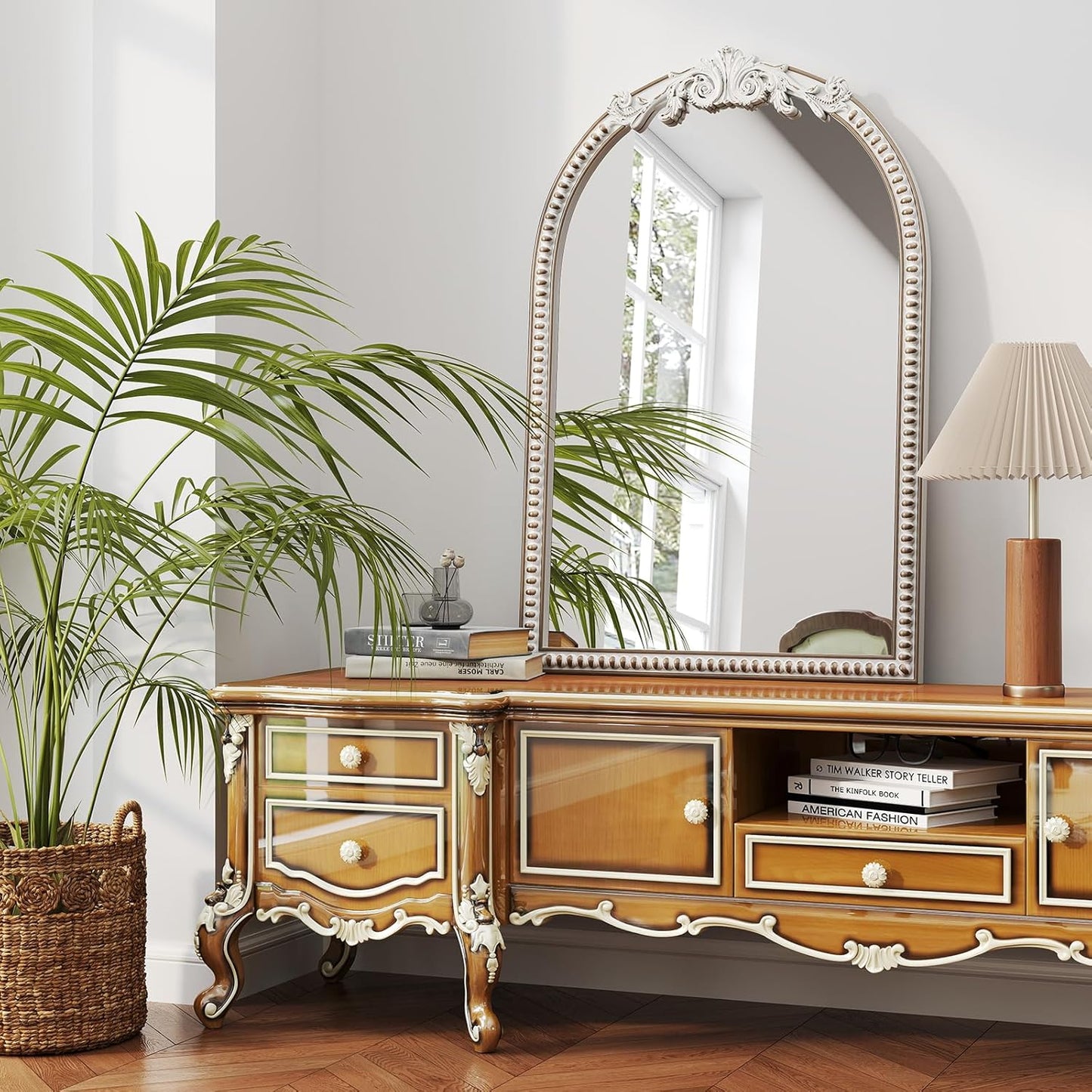 24''x36'' Arched Wall Mirror with Beads Wooden, Vintage Baroque Decorative Arch Mirrors for Entryway, Fireplace, Living Room, Hallway, Bathroom Boho Accent