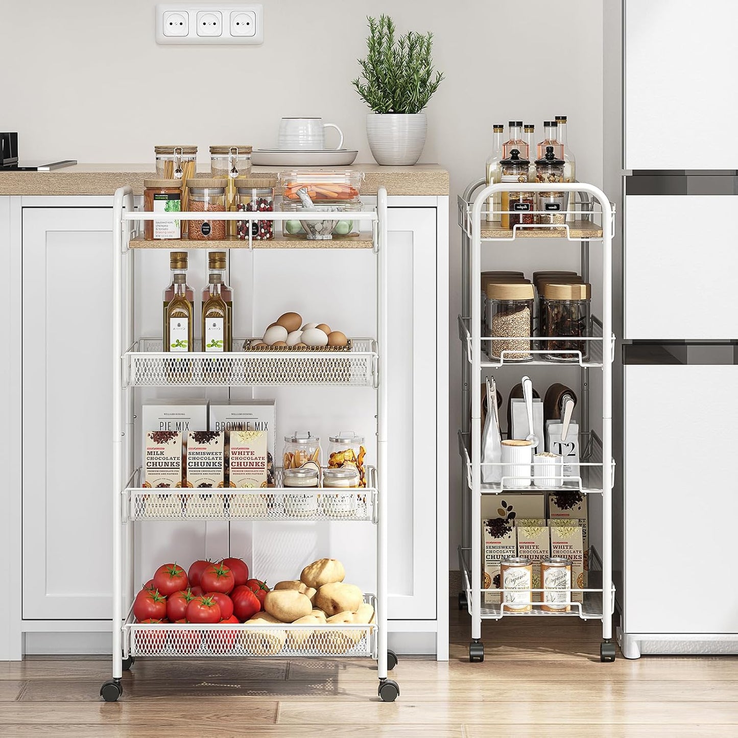 KINGRACK Metal Wide Rolling Cart, 4-Tier Metal Utility Cart, Storage Cart with Wooden Tabletop, for Laundry Bathroom Kitchen Room Bedroom Apartments Dormitory (Pure White, Wide)