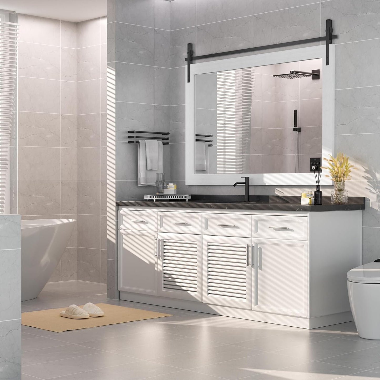 Hasipu Farmhouse Bathroom Mirror, 48"x32" Rustic Wood Framed Wall Mounted Mirror, White Vintage Vanity Mirror Barn Door Style Decrative Mirrors