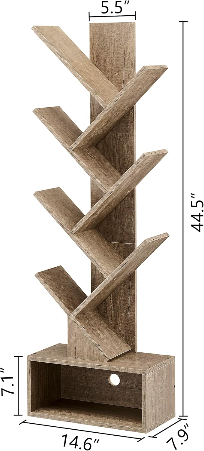 Hoctieon 6 Tier Tree Bookshelf, Tall Bookcase with Drawer, Freestanding Book Shelf, Display Floor Standing Storage Shelf, Book Organizer Shelves for Home Office, Living Room, Bedroom, Greige