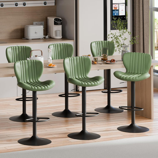 Shintenchi Bar Stools Set of 6 Modern Swivel Bar Chairs, Counter Height Faux Leather Metal Barstools, Upholstered Island Chairs with Back and Footrest, Green