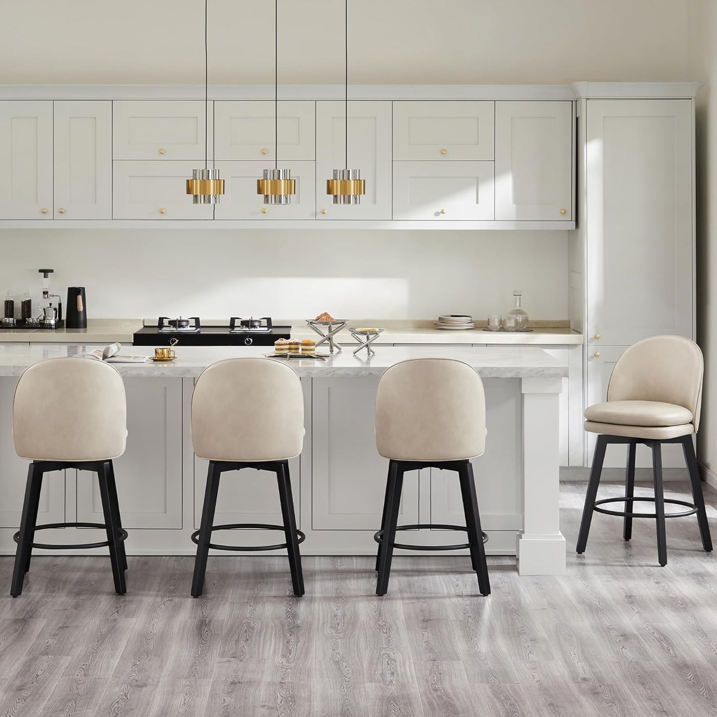 Counter Height Barstools 26 inch Upholstered Swivel Bar Stools with Back and Wood Legs for Kitchen Island,Set of 4,Beige PU Leather-Armless