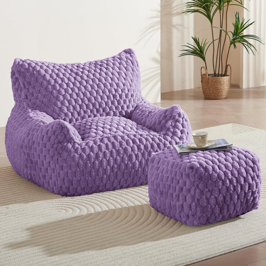 Bean Bag Chair with Ottoman - Modern Comfy Beanbag Sofa with Footrest, Soft Faux Fur Lounger Chair for Adults Teens, Cozy Memory Foam Filled Gaming Reading Chairs for Bedroom, Living Room (Purple)
