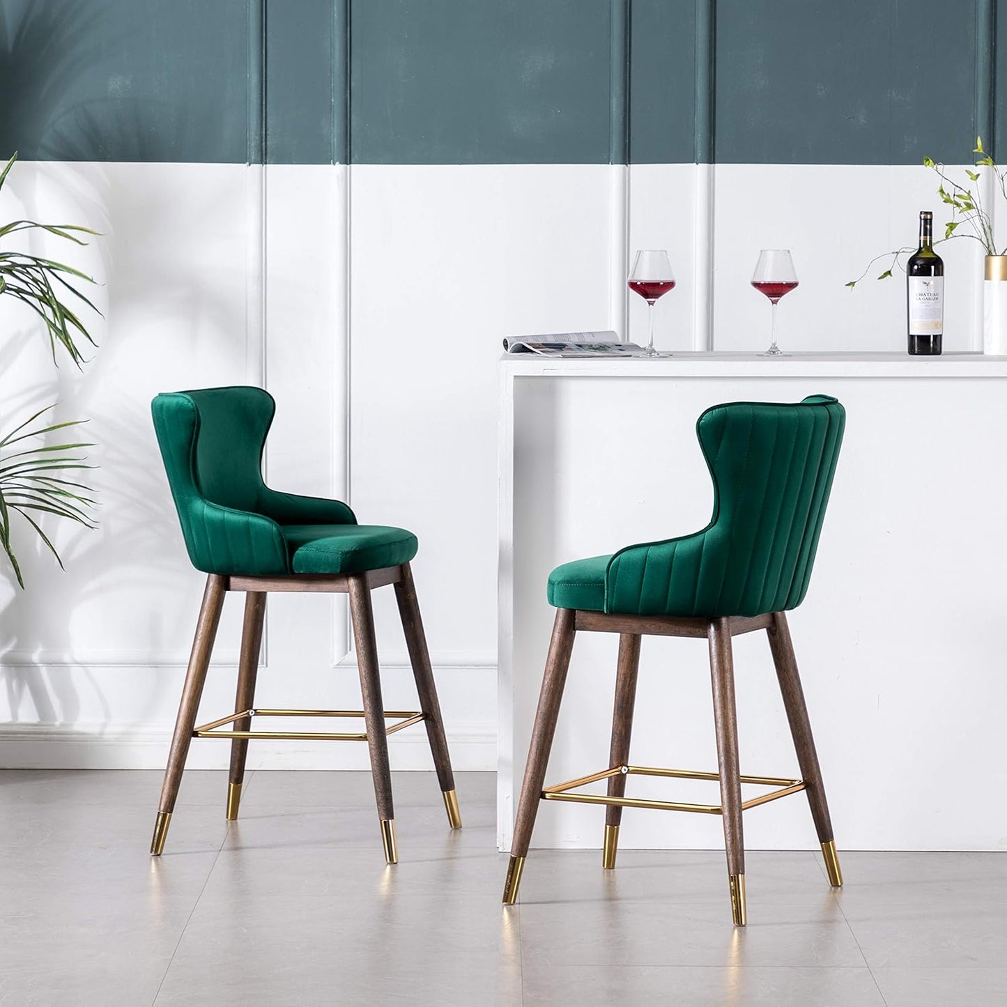 Roundhill Furniture Leland Fabric Upholstered Counter Height Wingback Stools, Set of 2, Green