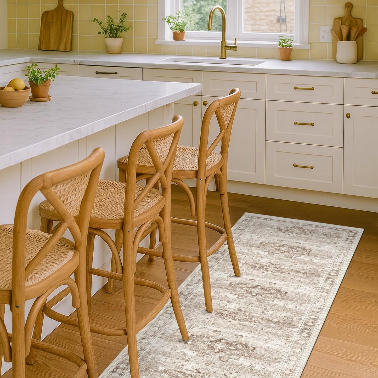 Boho Bathroom Rug 2x5 Runner, Neutral Farmhouse Kitchen Rugs, Small Throw Runners for Laundry Room Bedroom, Vintage Floral Décor, Non-Slip Low-Pile Washable Stain Resistant Beige Latte