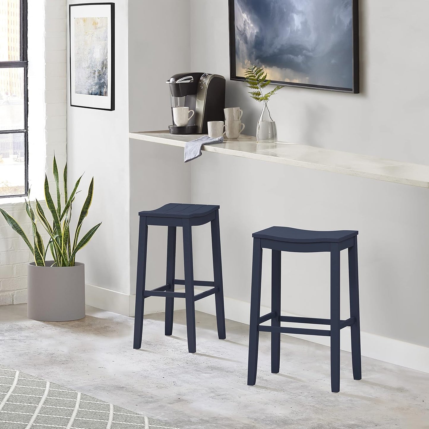 Hillsdale Fiddler Wood Backless Bar Height Stool with Saddle-Style Seat, Navy