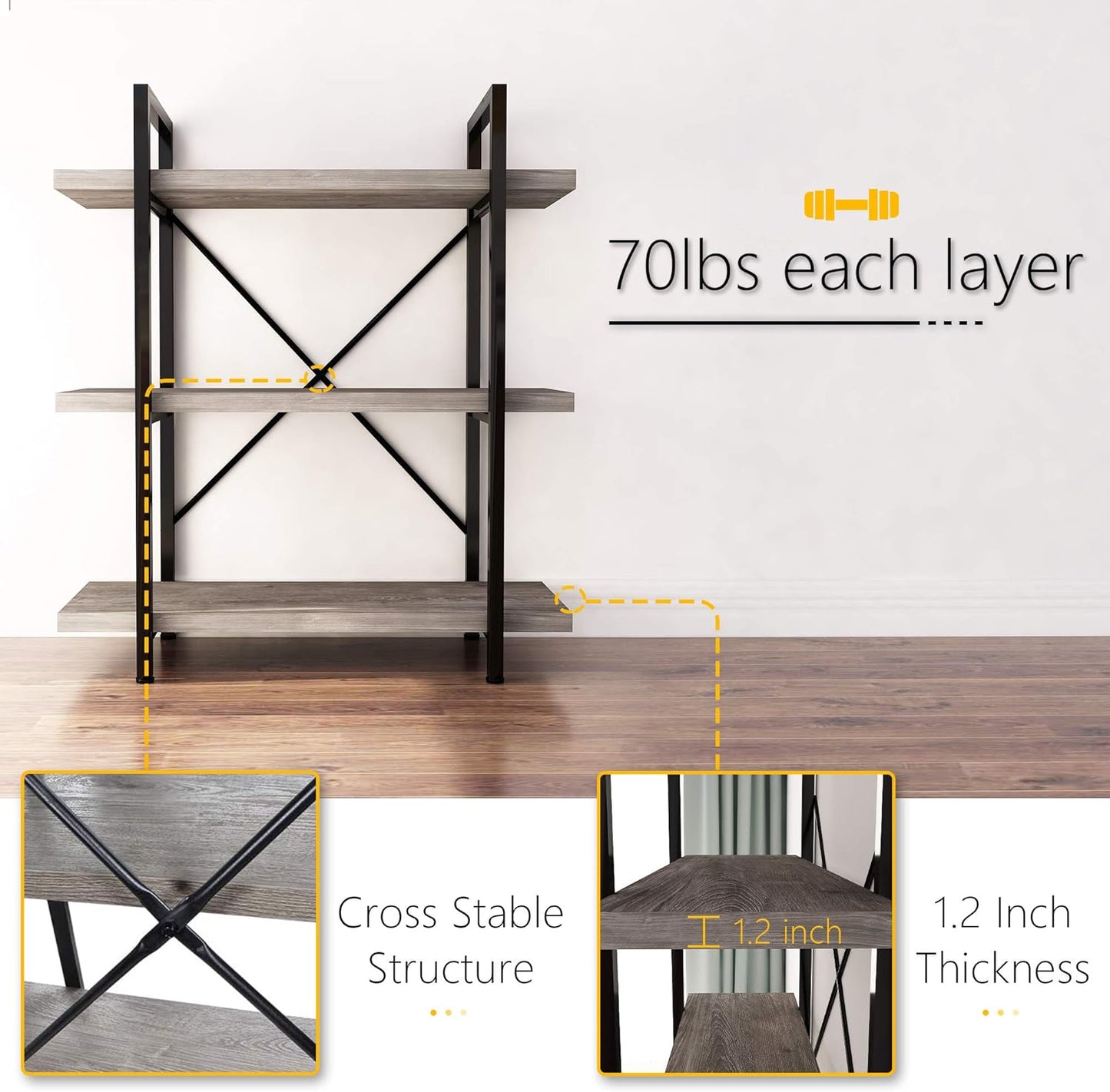 45MinST 3-Tier Vintage Industrial Style Bookcase/Metal and Wood Bookshelf Furniture for Collection，Gray Oak, 3/4/5 Tier (3-Tier)