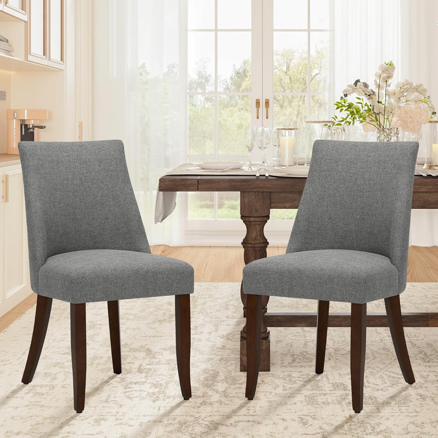 COLAMY Upholstered Dining Chairs Set of 2, Mid Century Modern Kitchen Chairs with Back, Farmhouse Fabric Side Dining Room Chairs with Wood Legs for Dining Room Restaurant, Light Grey