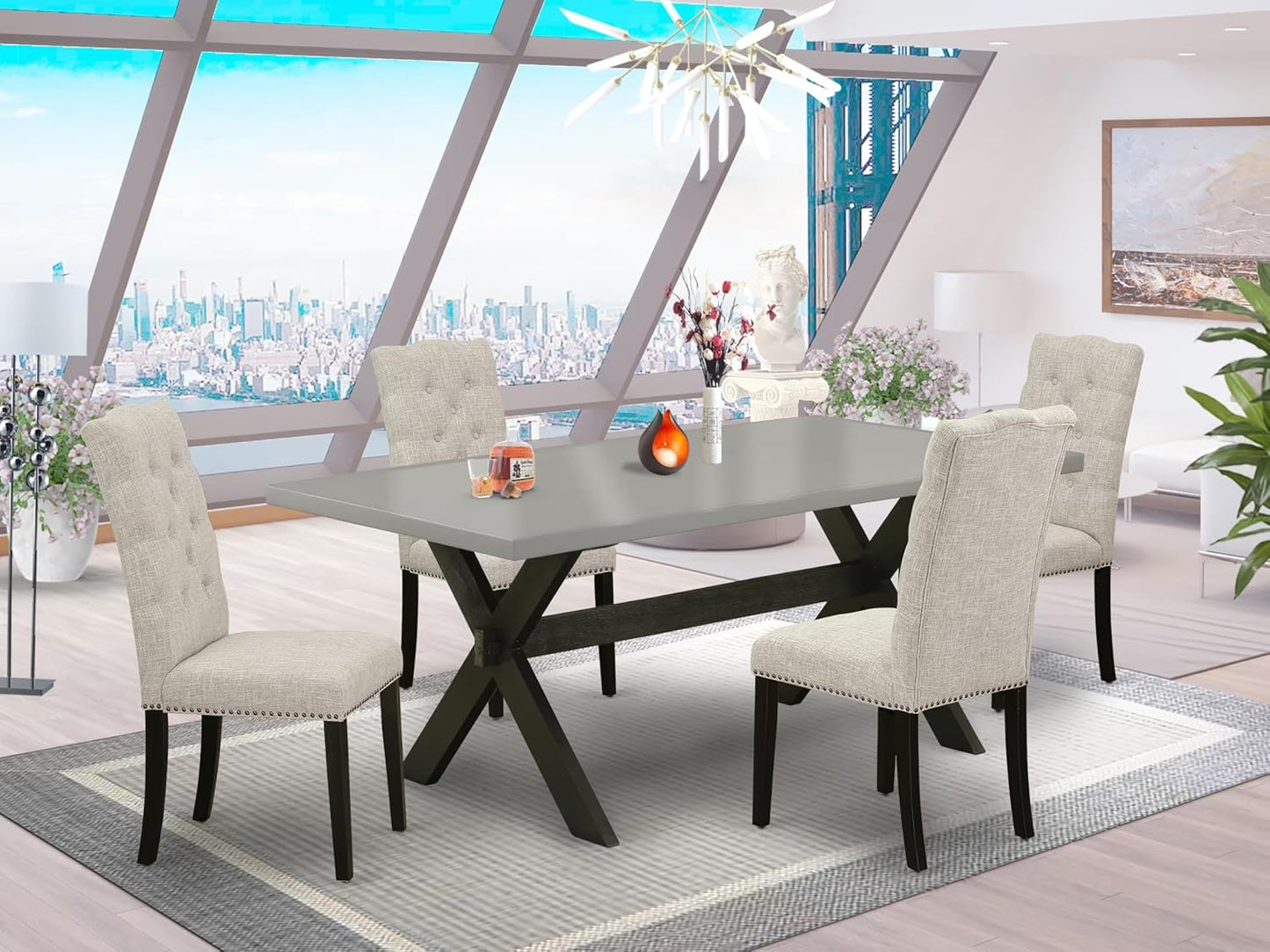 East West Furniture X697EL635-5 5 Piece Dining Set Includes a Rectangle Dining Room Table with X-Legs and 4 Doeskin Linen Fabric Upholstered Parson Chairs, 40x72 Inch, Multi-Color