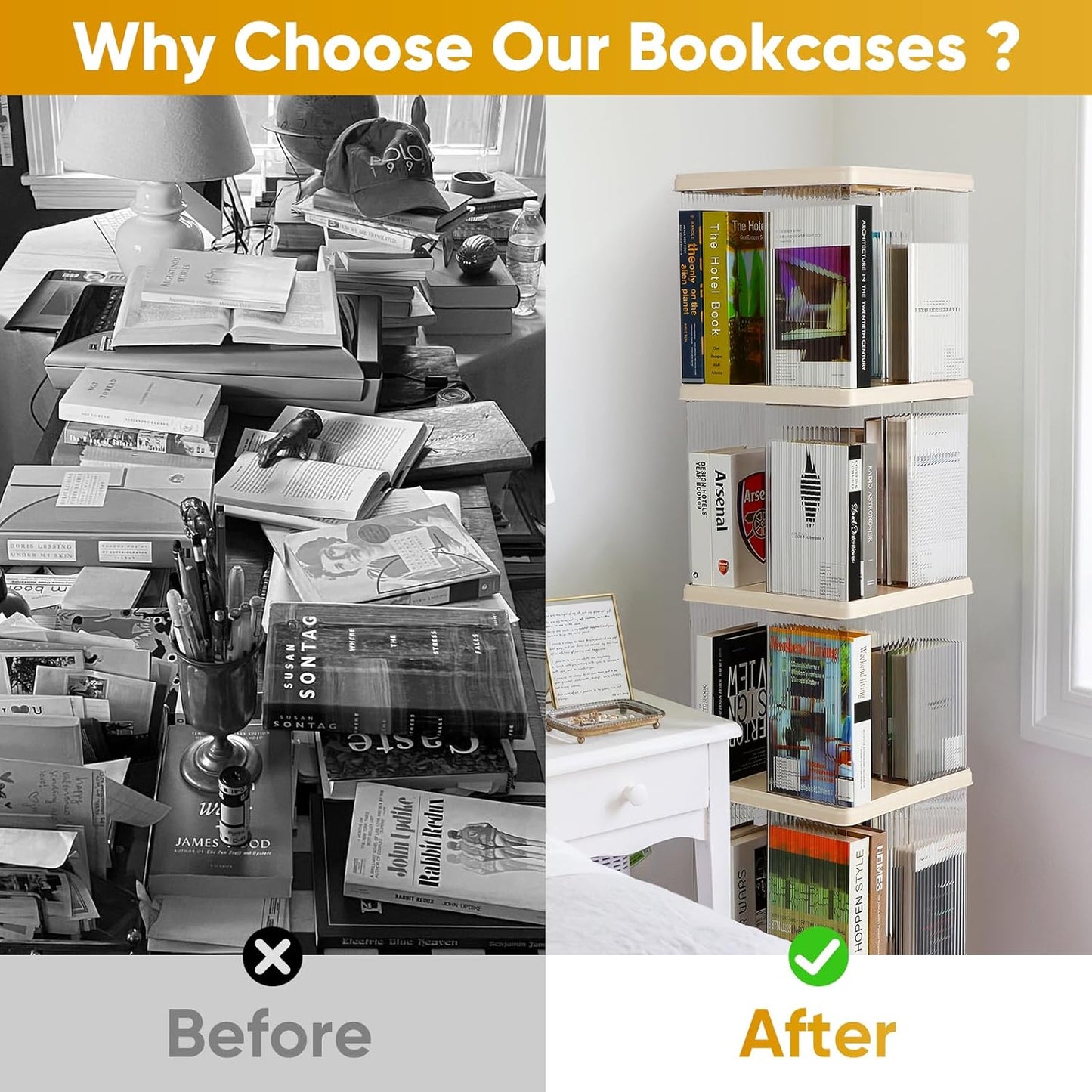 FAHKNS 4 Tier Rotating Bookshelf,360°Display Floor Standing Bookcase,Book Shelf for Small Space Revolving Bookcase for Office Bedroom Living Room,Rectangular