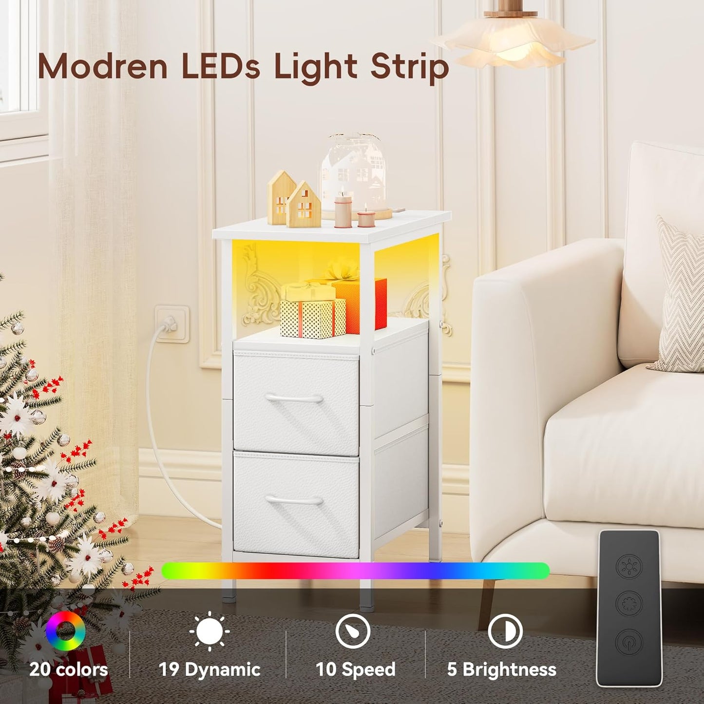 Vagusicc Set of 2 White Nightstand with Charging Station and LED Lights, Narrow Side Table, LED Night Stand with 2 Fabric Drawers, Bedside Table Small End Table, Tall Nightstand for Bedroom, White