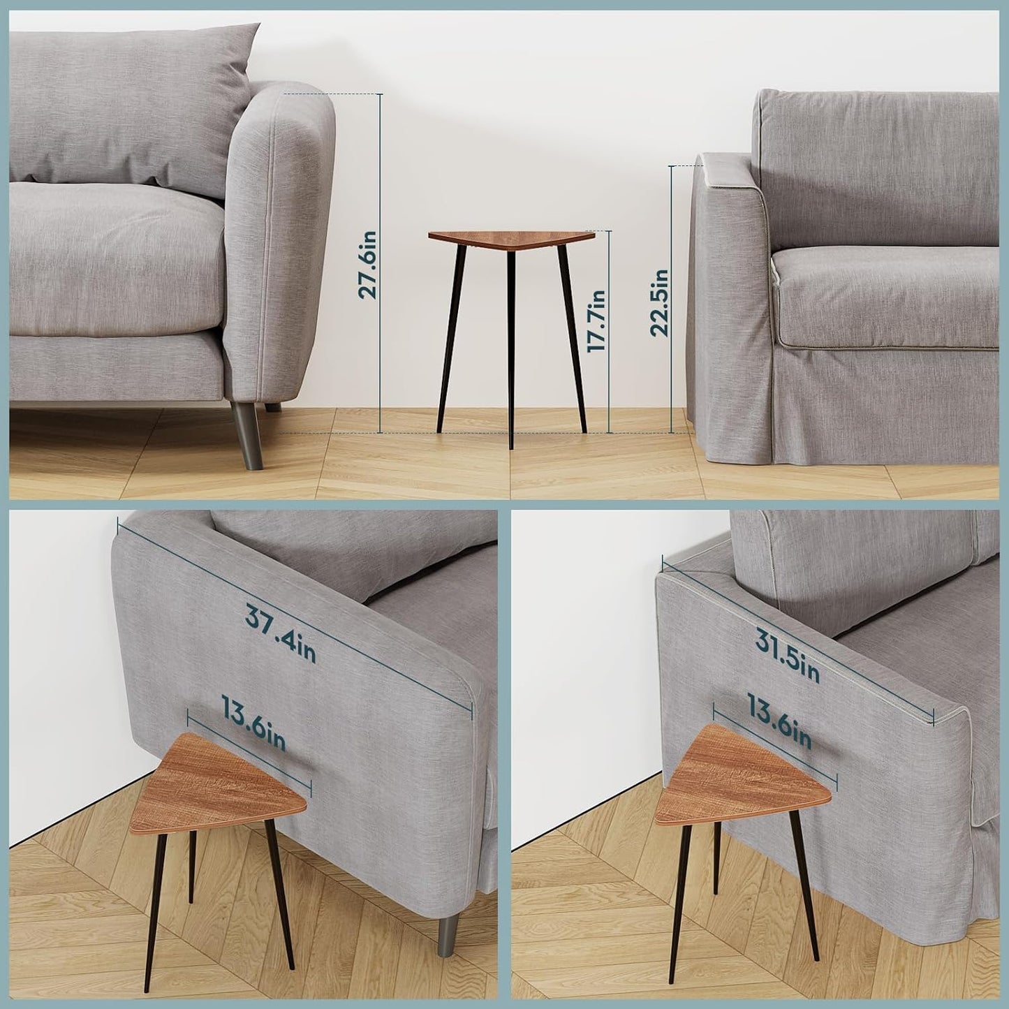 SAYGOER Small Triangle Side Table, Mid Century Modern Walnut End Table, Unique Night Stand Bedside Table Retro Accent Sofa Table for Living Room Bedroom,Medal Black Frame 13.5" W x 12.3" D x 17.7" H