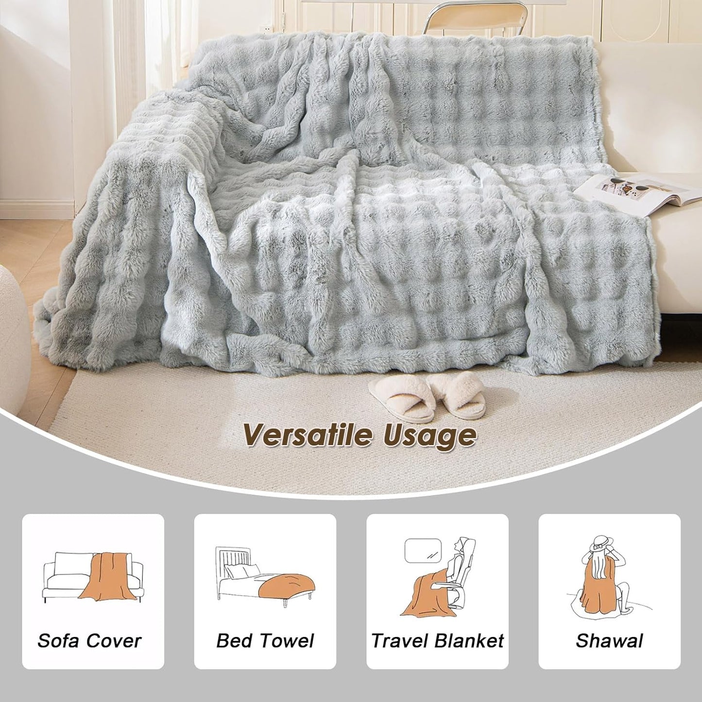 VM VOUGEMARKET Soft Warm Faux Fur Sofa Cover Thick Shaggy Fuzzy Sectional Couch Cover Plush Furniture Cover Fluffy Sectional Sofa Slipcover for Couch Sofa Bed(Grey,71" x 134")