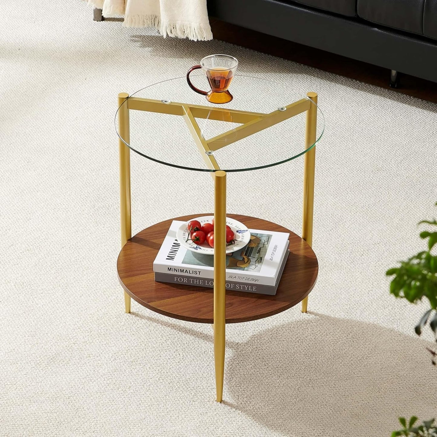 Round End Table, Mid-Century Modern Design, D20*H23 inch, for Living Room, 2-Tier Structure, Clear Glass Top and Walnut MDF Shelf, Sleek Conical Metal Legs with Gold Finish