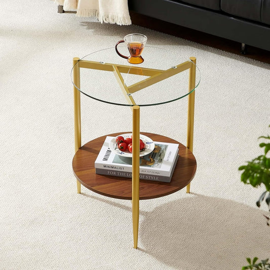 Round End Table, Mid-Century Modern Design, D20*H23 inch, for Living Room, 2-Tier Structure, Clear Glass Top and Walnut MDF Shelf, Sleek Conical Metal Legs with Gold Finish