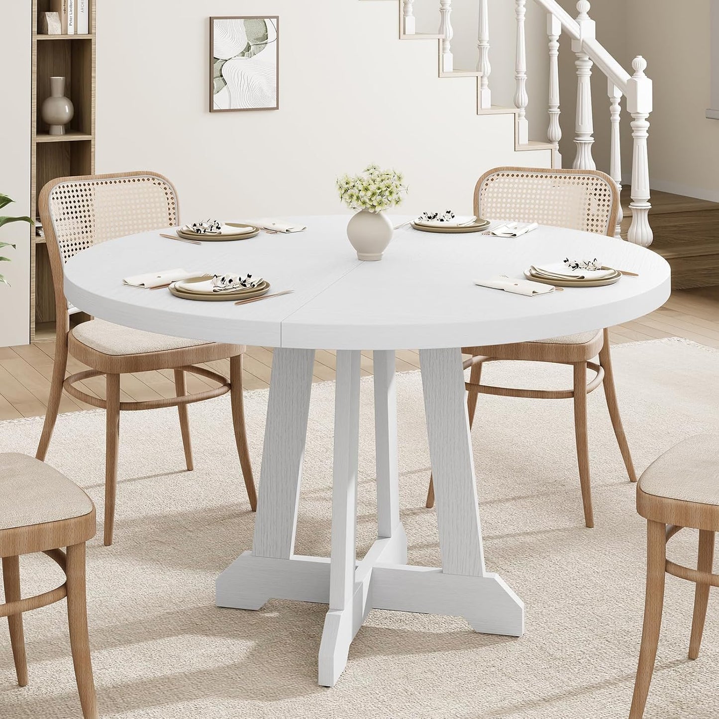 GarveeHome Round Dining Table for 4,Kitchen Dining Room Circle Dinner Pedestal Table,Space Saving Wood Kitchen & Dining Room Furniture,White 47-inch Diameter