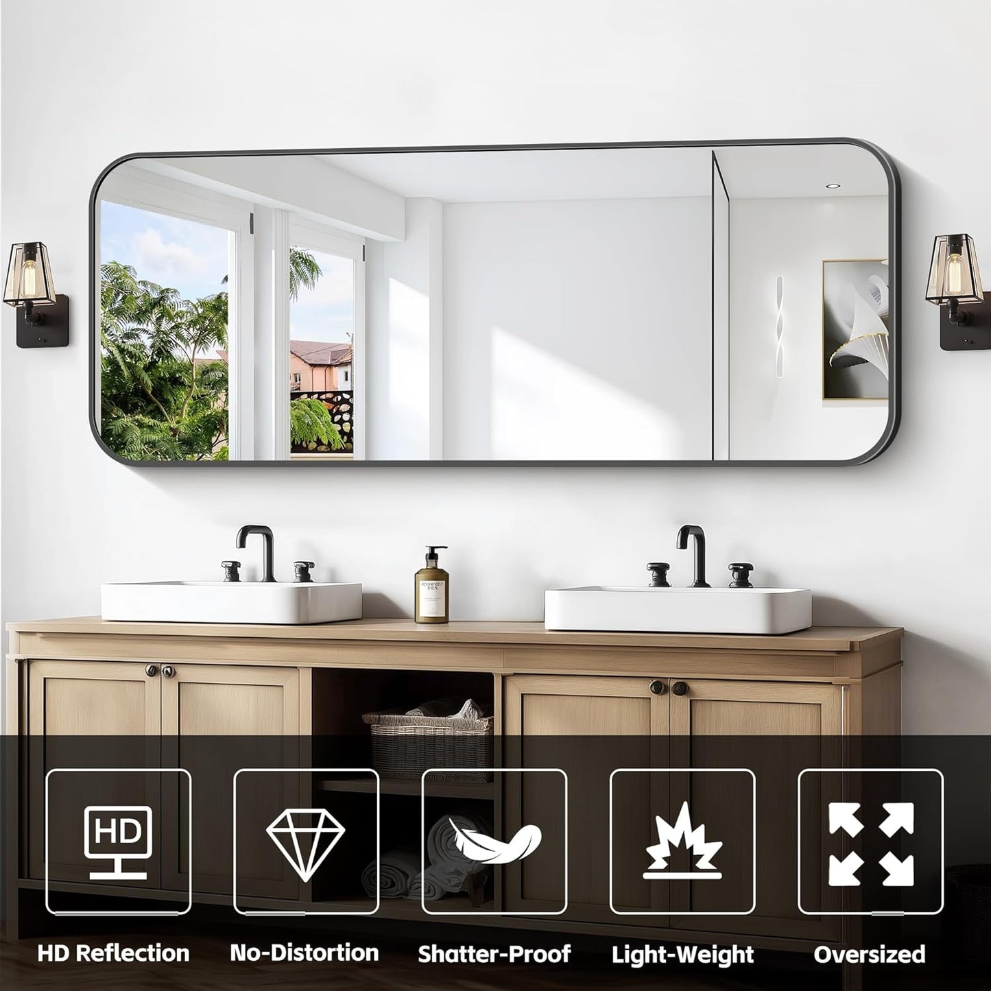Bathroom Mirror, 60 x 24 inch Metal Framed Black Rectangle Mirror, Rounded Corner Rectangular Vanity Mirror, Large Wall Mounted Mirror for Modern Bedroom Living Room Horizontal or Vertical