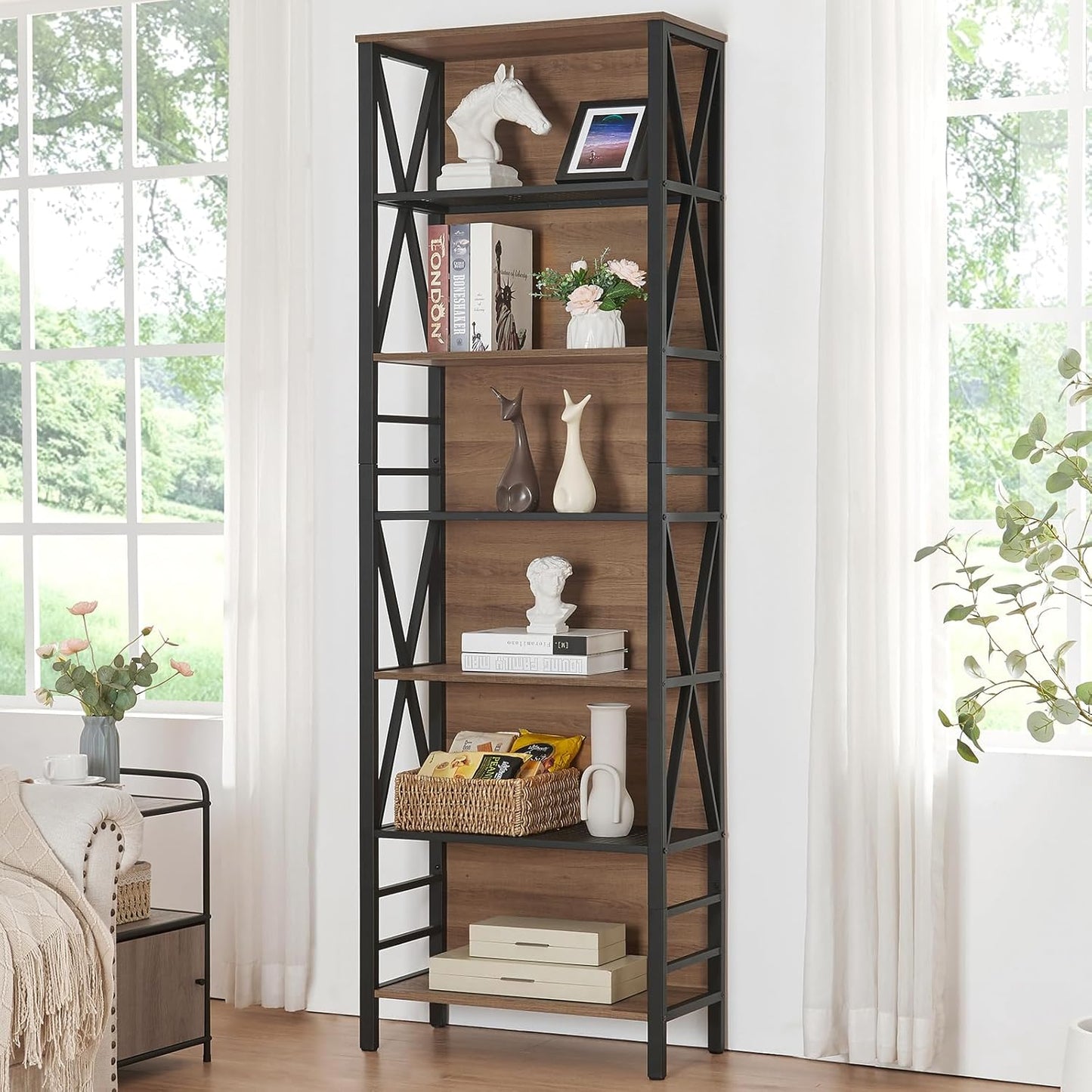 HOMISSUE Tall Bookshelf, 7-Tier Book Shelf, Rustic Wood Metal Bookshelves and Bookcases, Freestanding and Industrial Open Bookcase for Home Office, Living Room and Bedroom, Vintage Brown